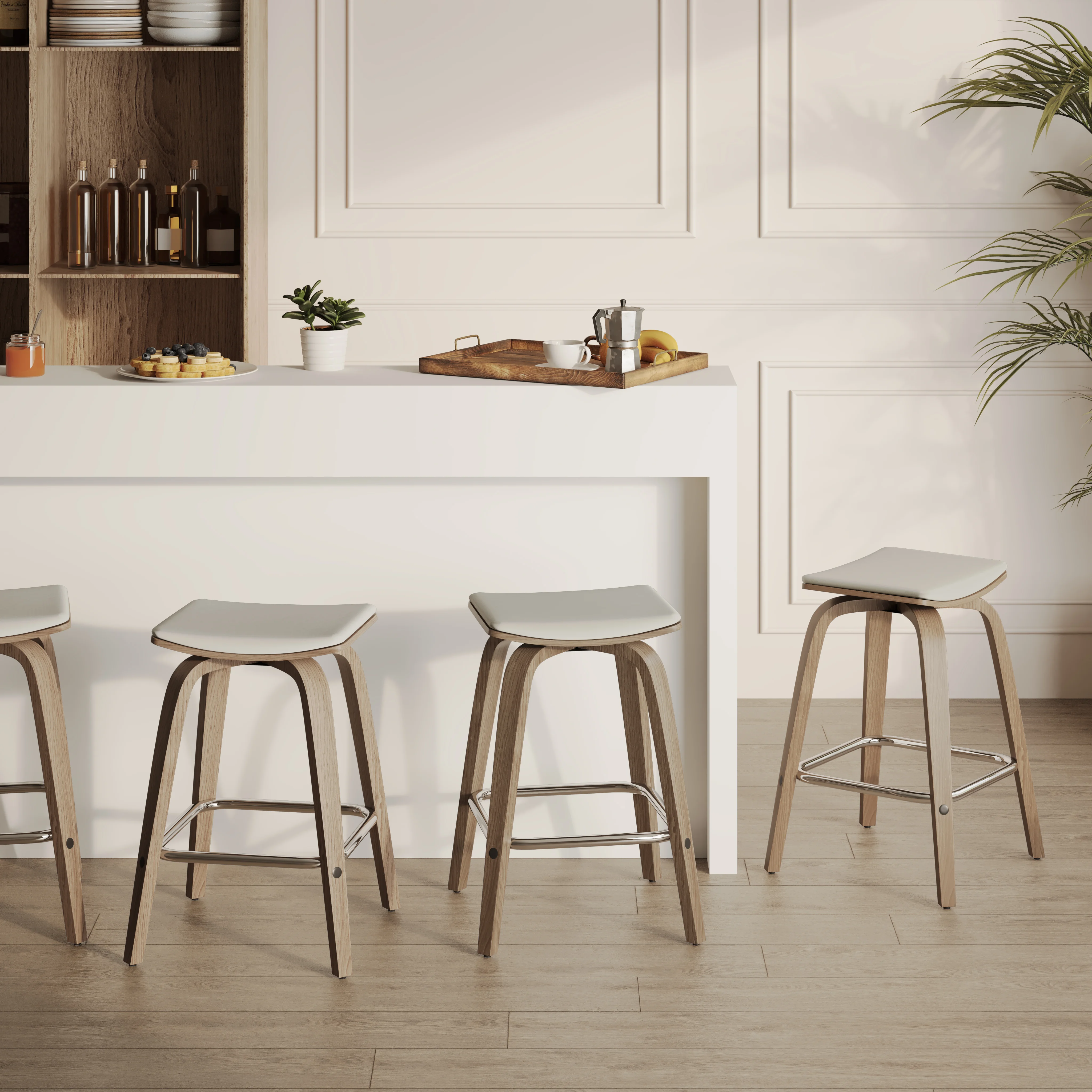 Wooden Counter Stool Square Seat Pelya Collection Modern Style Washed Walnut color in Light Grey