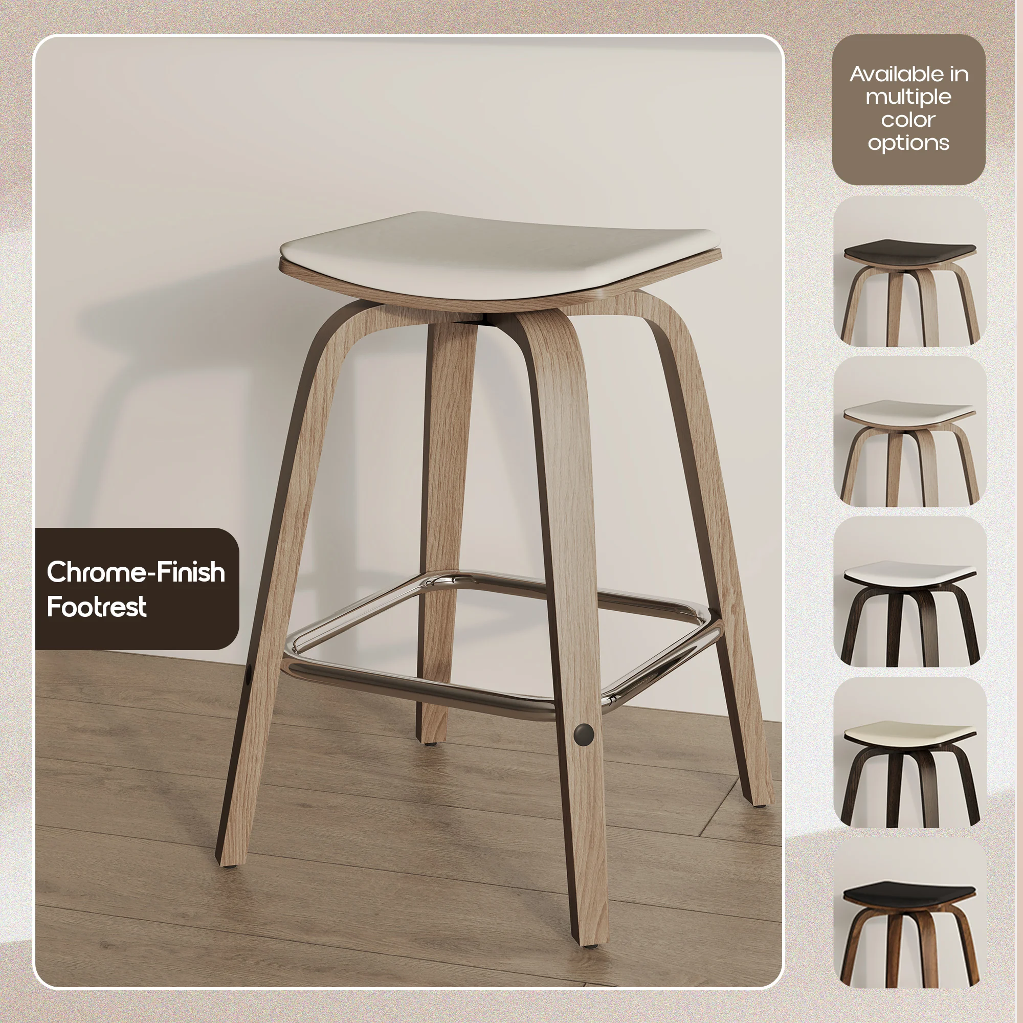 Wooden Counter Stool Square Seat Pelya Collection Modern Style Washed Walnut color in Light Grey