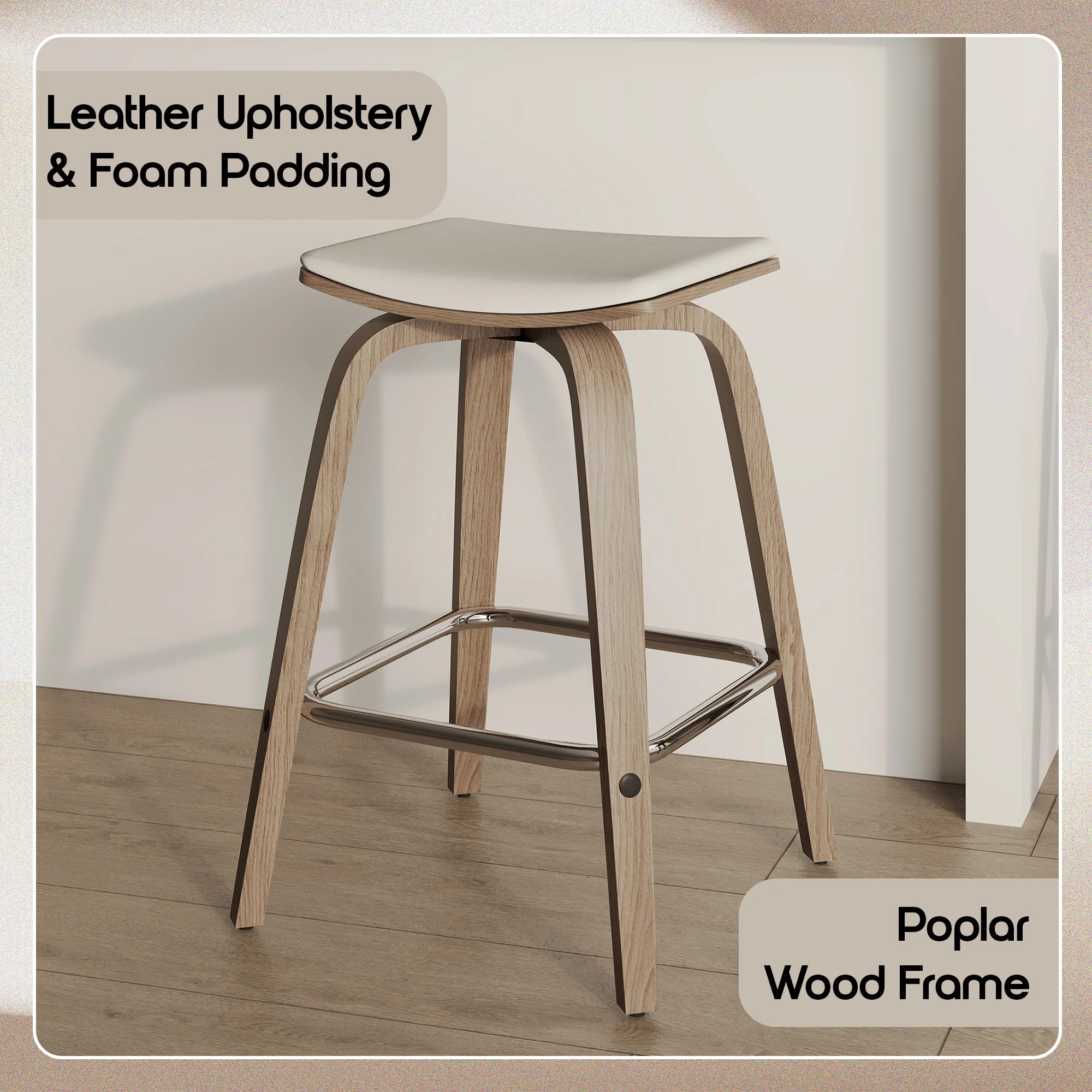 Wooden Counter Stool Square Seat Pelya Collection Modern Style Washed Walnut color in Light Grey