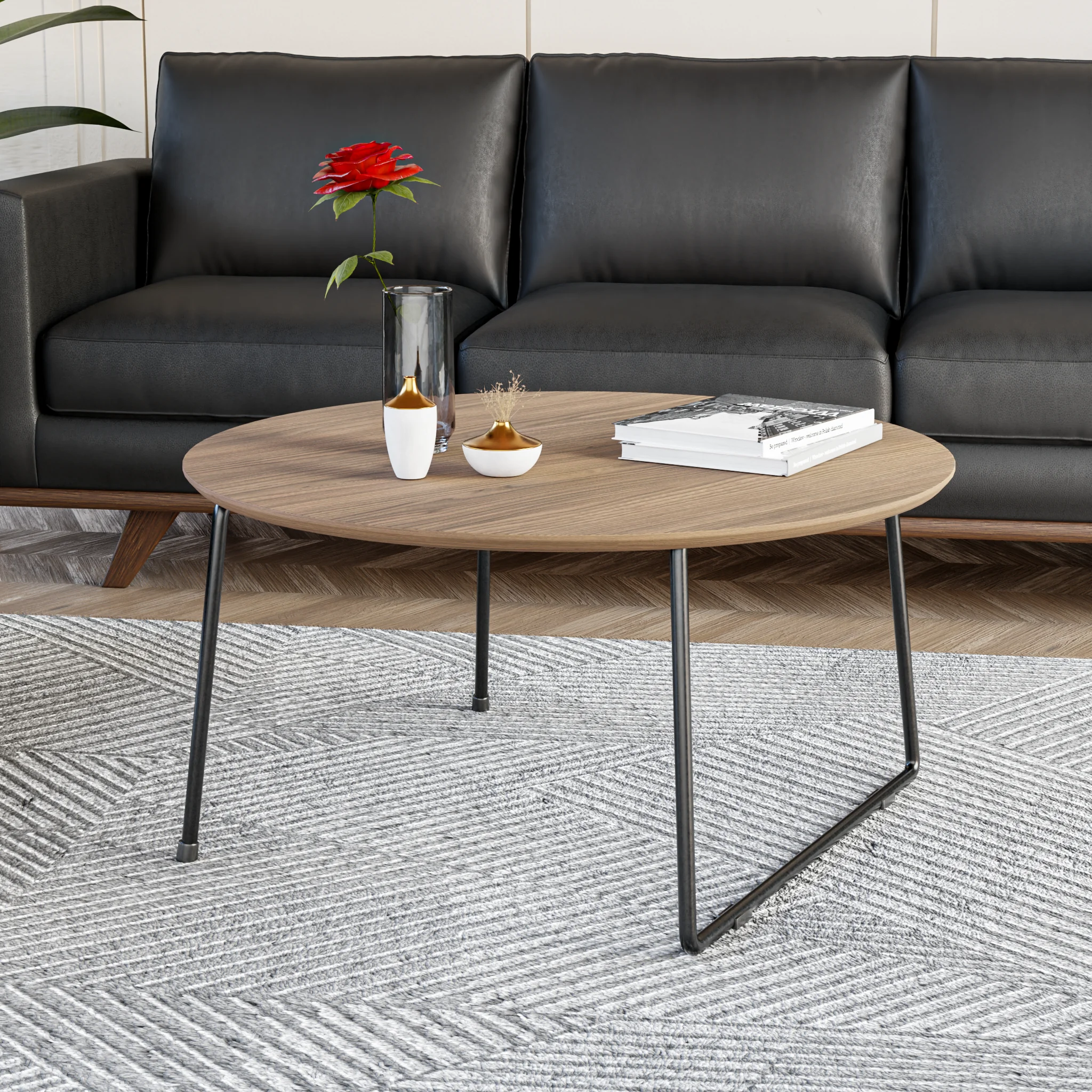 Pemborke Mid Century Modern Round Coffee Table with Wood Top and Powder Coated Iron Frame Accent Table for Living Room and Bedroom