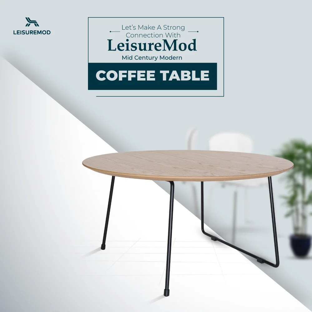 Pemborke Mid Century Modern Round Coffee Table with Wood Top and Powder Coated Iron Frame Accent Table for Living Room and Bedroom