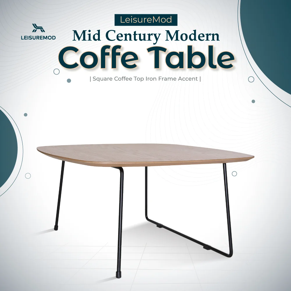 Pemborke Mid Century Modern Square Coffee Table with Wood Top and Powder Coated Iron Frame 
 in Natural Wood