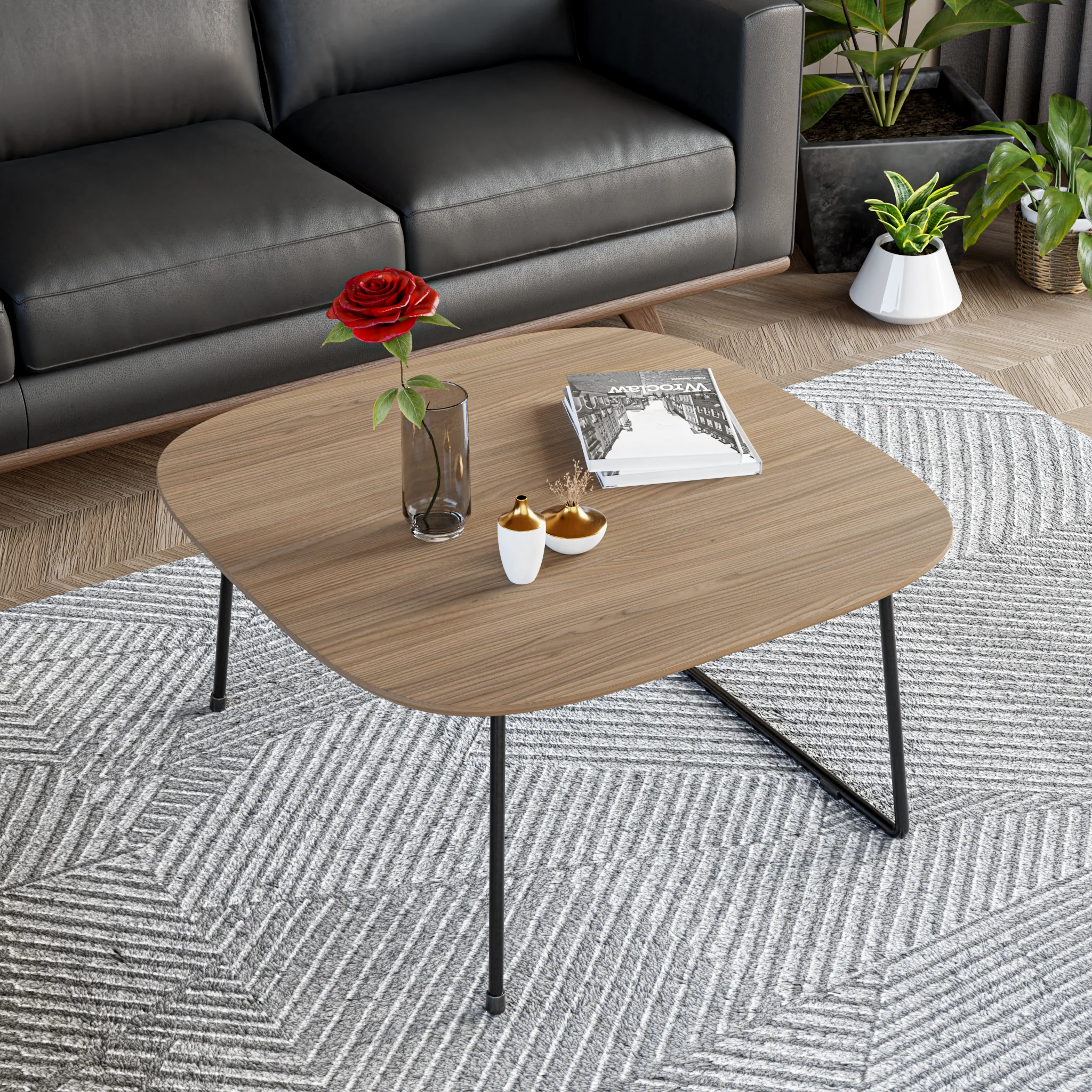 Pemborke Mid Century Modern Square Coffee Table with Wood Top and Powder Coated Iron Frame 
 in Natural Wood