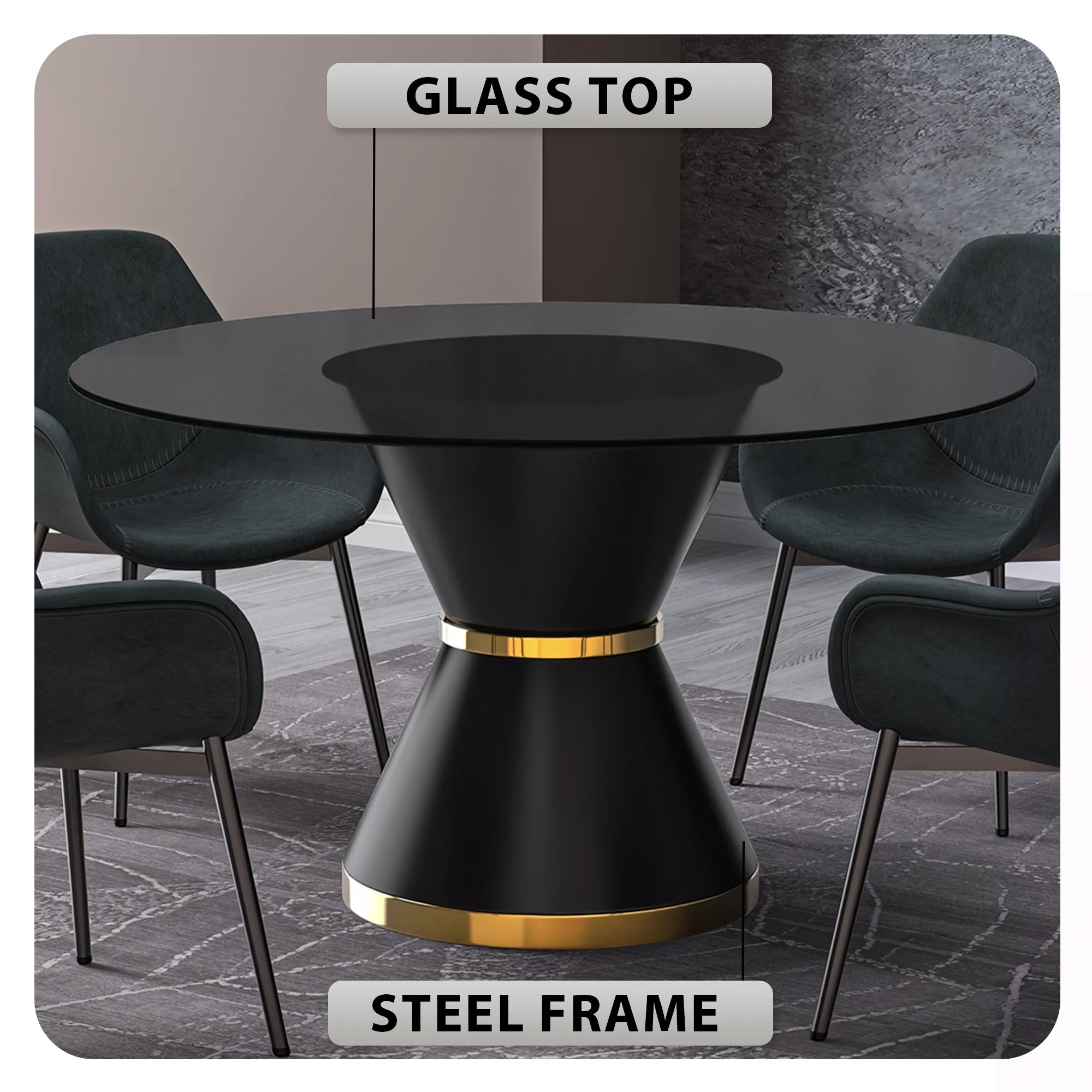 Qorvus Series Round Dining Table Black\Gold Base with 60 Round BLack Glass Top