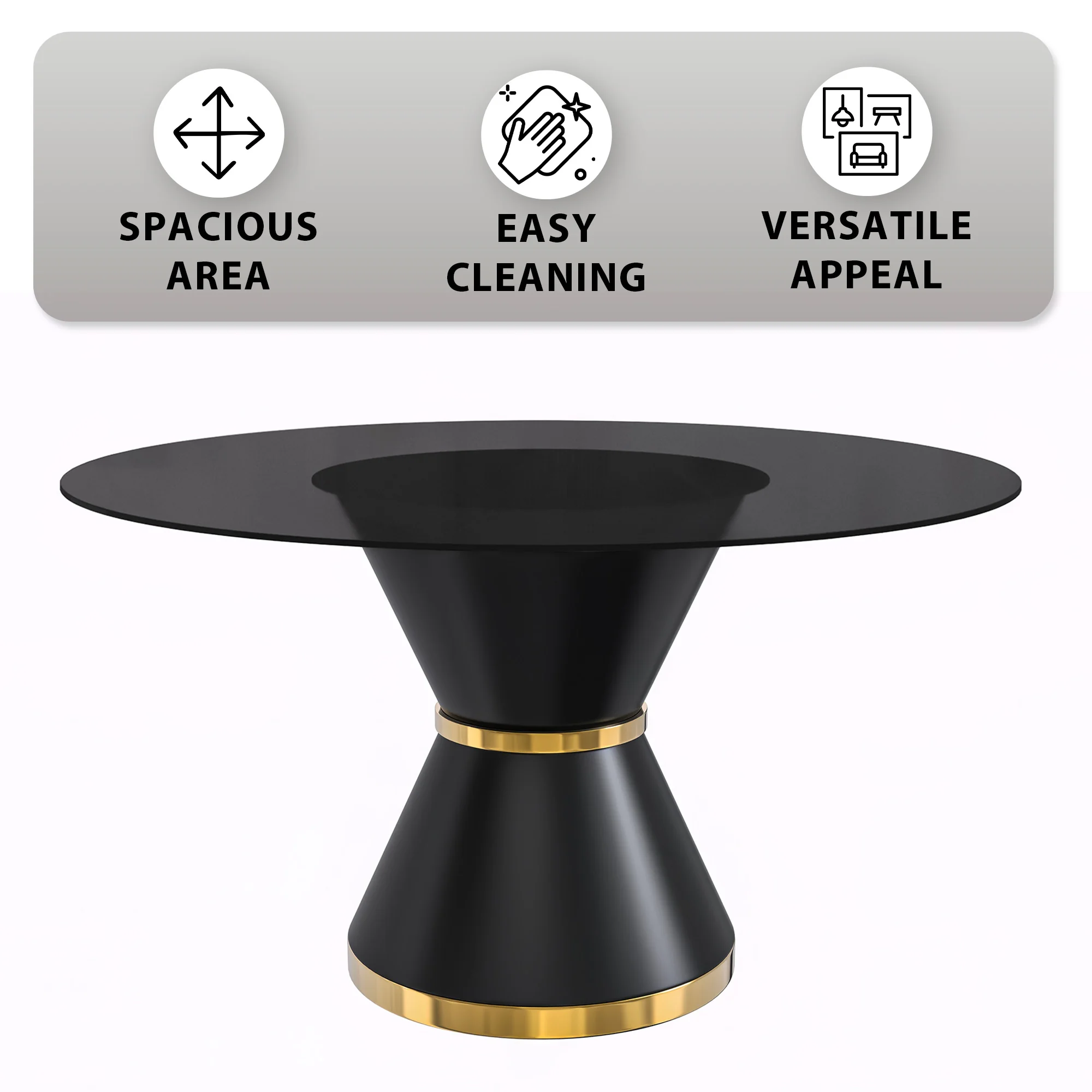 Qorvus Series Round Dining Table Black\Gold Base with 60 Round BLack Glass Top