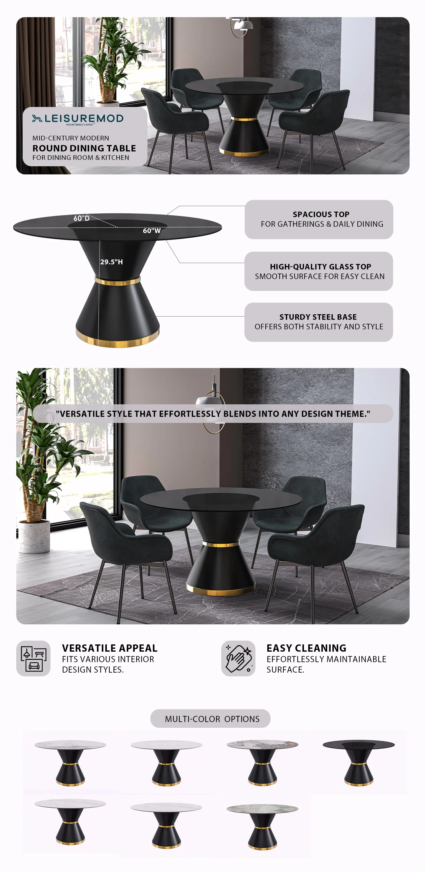 Qorvus Series Round Dining Table Black\Gold Base with 60 Round BLack Glass Top