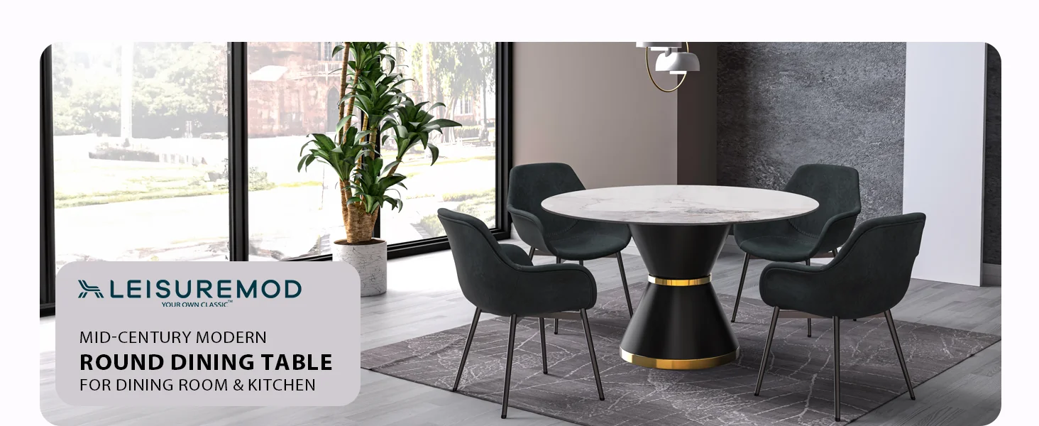 Qorvus Series Round Dining Table Black\Gold Base with 60 Round White Grey Sintered Stone Top