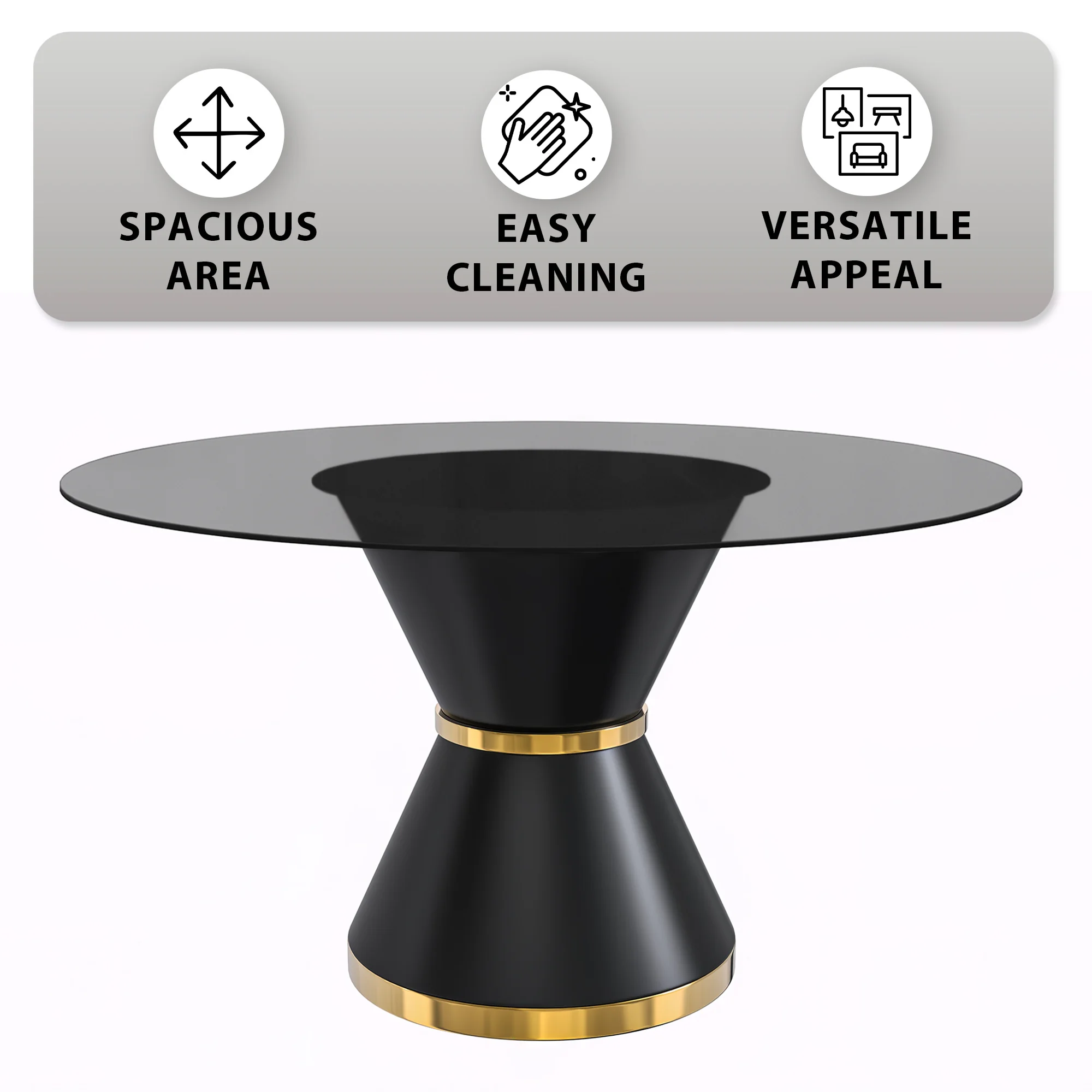 Qorvus Series Round Dining Table Black\Gold Base with 60 Round Clear Glass Top