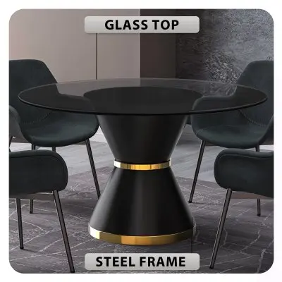 Qorvus Series Round Dining Table Black\Gold Base with 60 Round Clear Glass Top