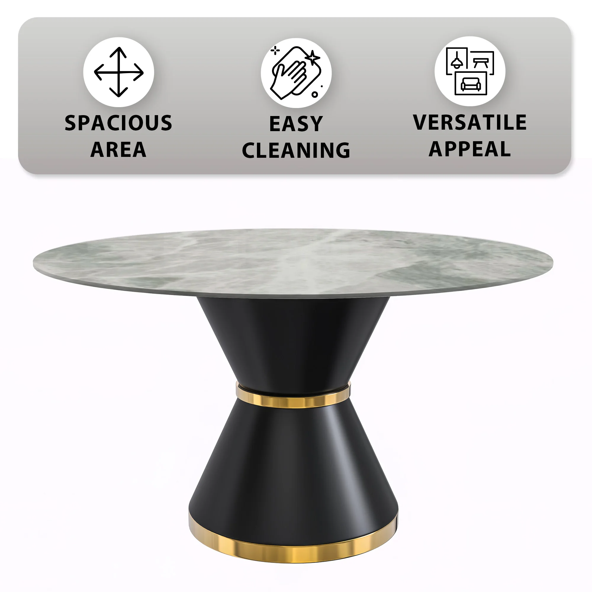 Qorvus Series Round Dining Table Black\Gold Base with 60 Round Light Grey Sintered Stone Top