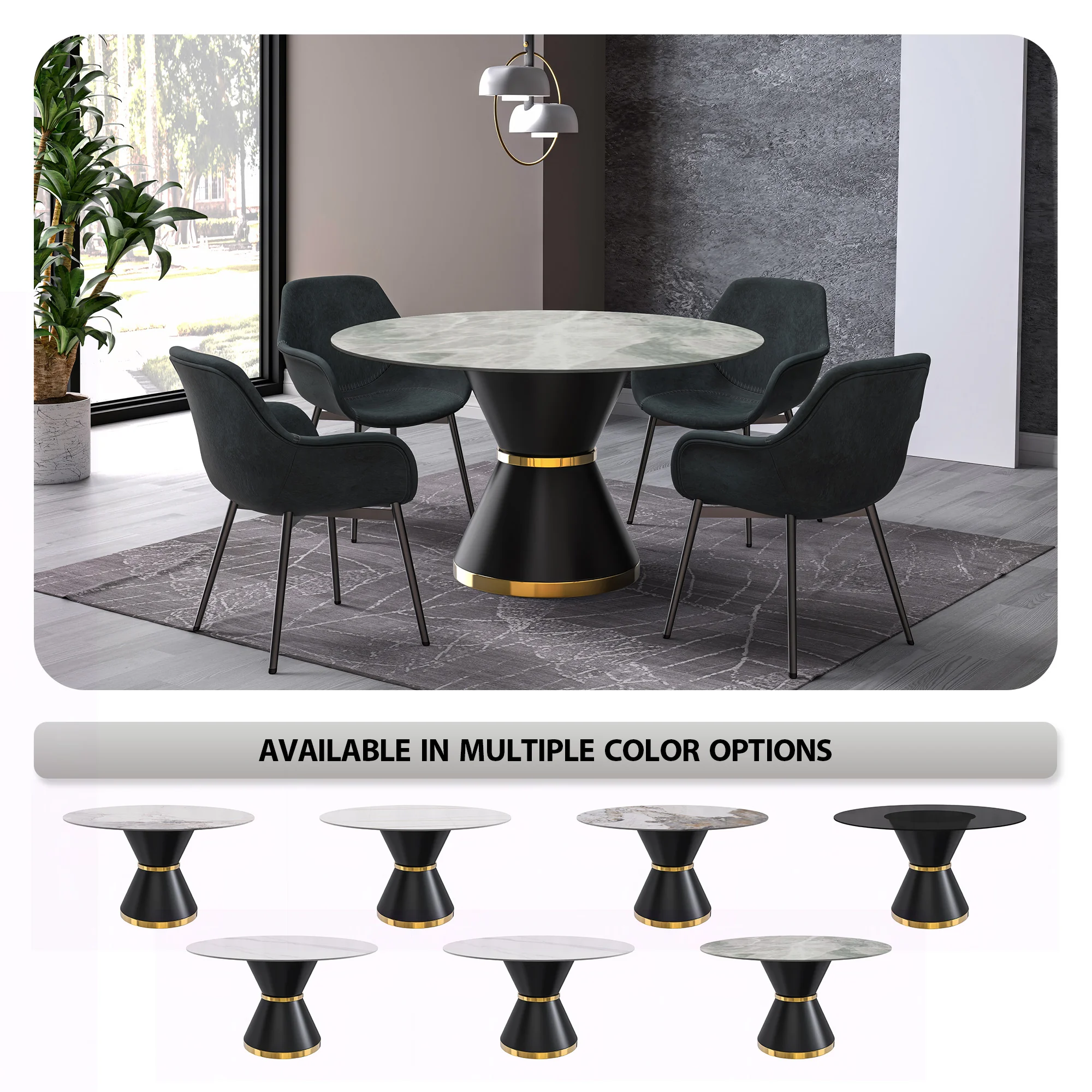 Qorvus Series Round Dining Table Black\Gold Base with 60 Round Light Grey Sintered Stone Top