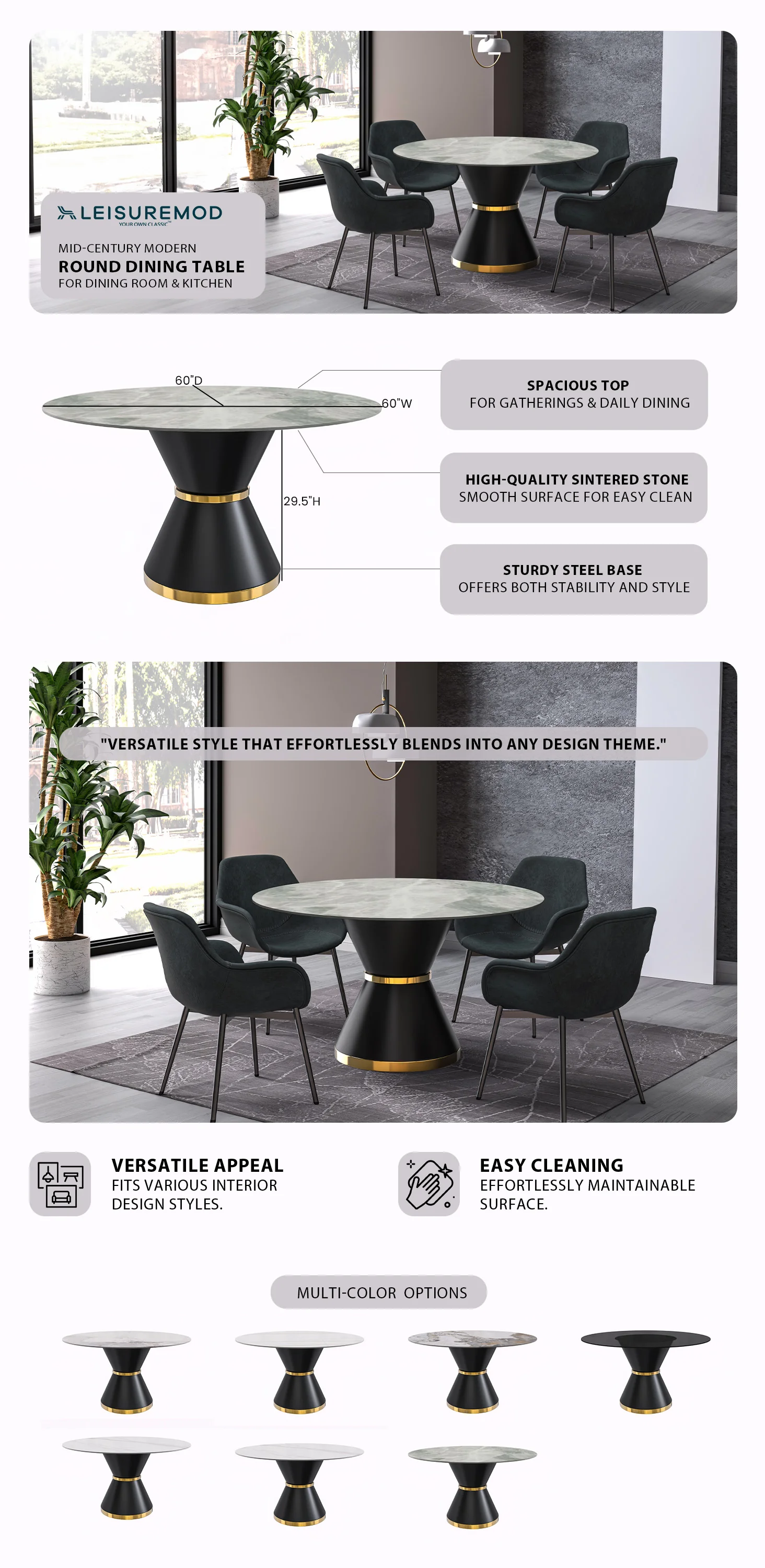 Qorvus Series Round Dining Table Black\Gold Base with 60 Round Light Grey Sintered Stone Top
