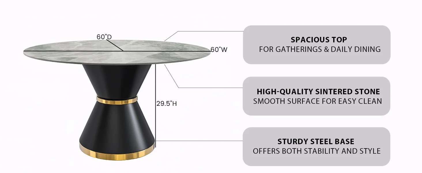 Qorvus Series Round Dining Table Black\Gold Base with 60 Round Light Grey Sintered Stone Top