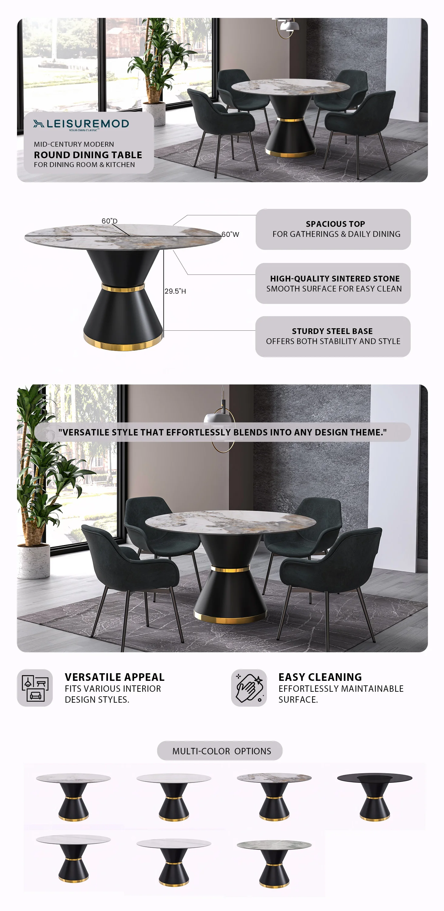 Qorvus Series Round Dining Table Black\Gold Base with 60 Round Medium Grey Sintered Stone Top