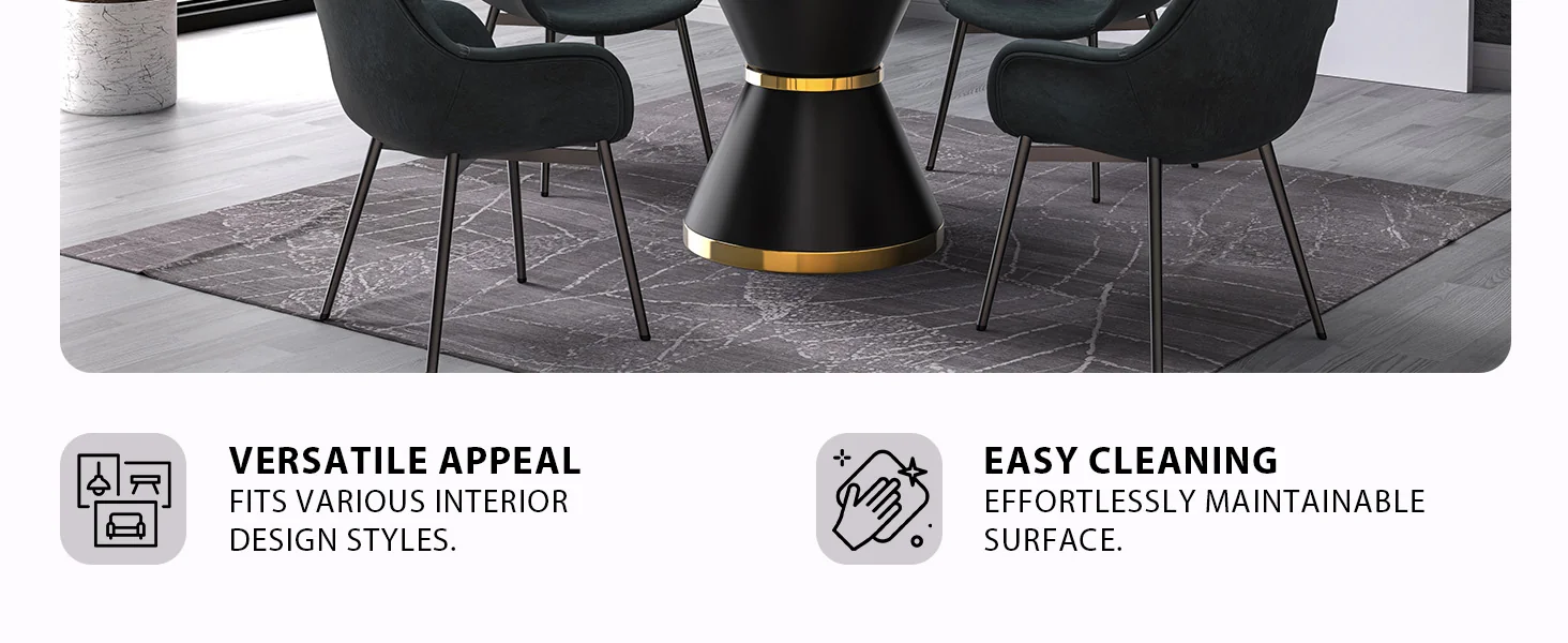 Qorvus Series Round Dining Table Black\Gold Base with 60 Round Medium Grey Sintered Stone Top