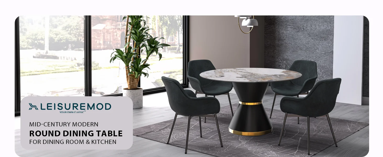 Qorvus Series Round Dining Table Black\Gold Base with 60 Round Medium Grey Sintered Stone Top