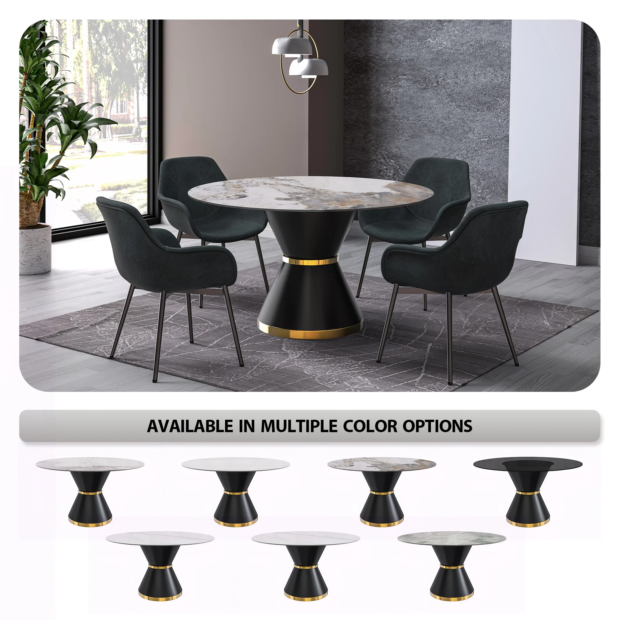 Qorvus Series Round Dining Table Black\Gold Base with 60 Round Medium Grey Sintered Stone Top