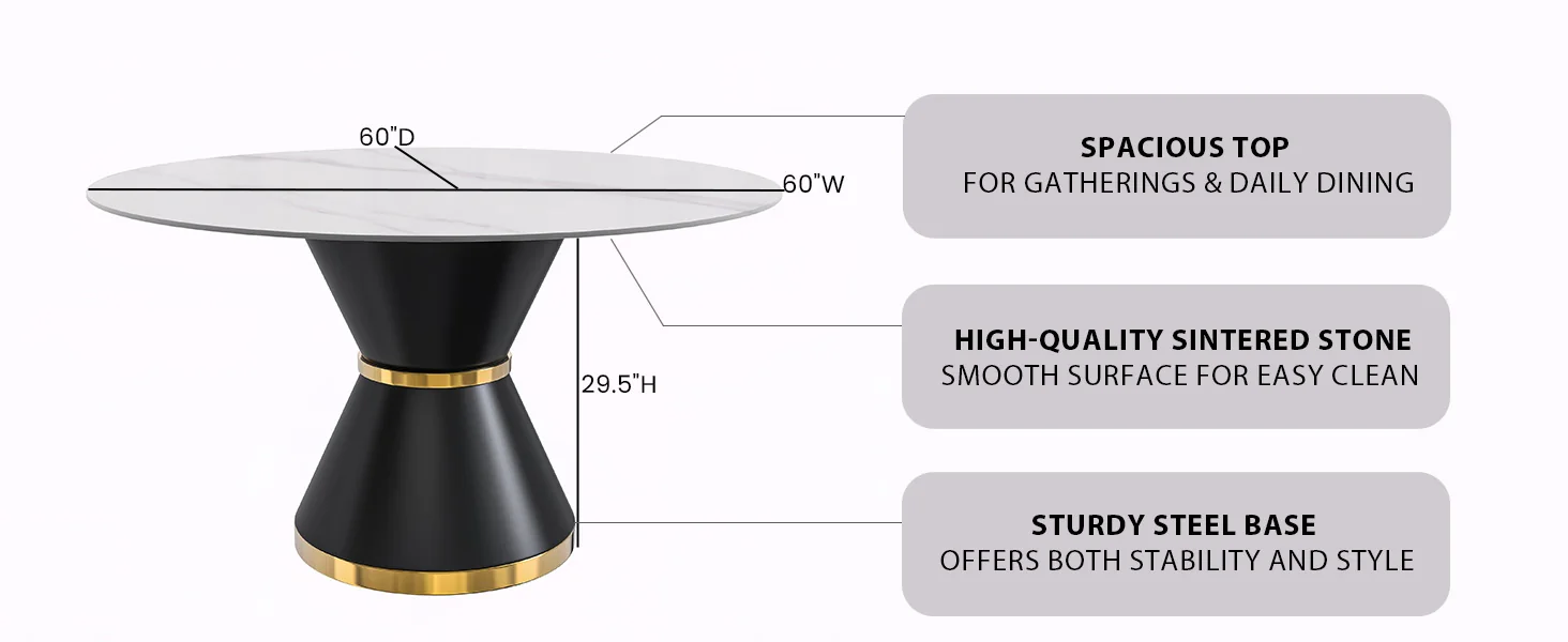 Qorvus Series Round Dining Table Black\Gold Base with 60 Round Solid White Sintered Stone Top
