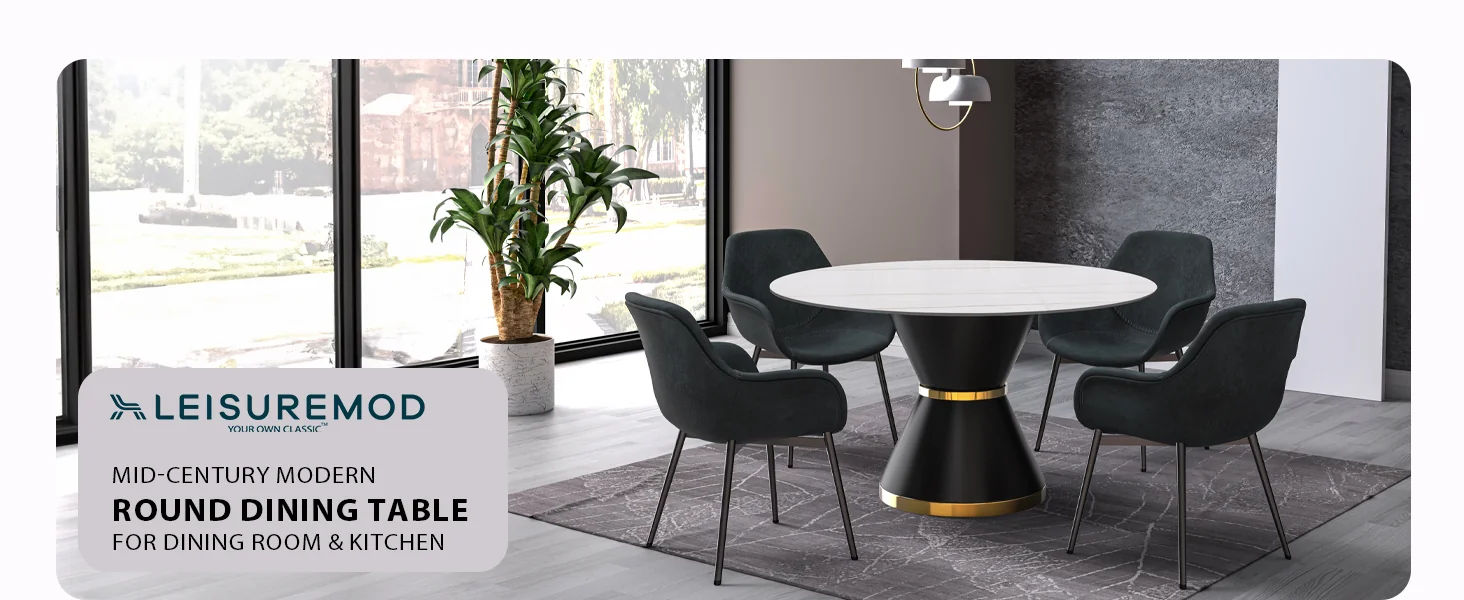 Qorvus Series Round Dining Table Black\Gold Base with 60 Round Solid White Sintered Stone Top