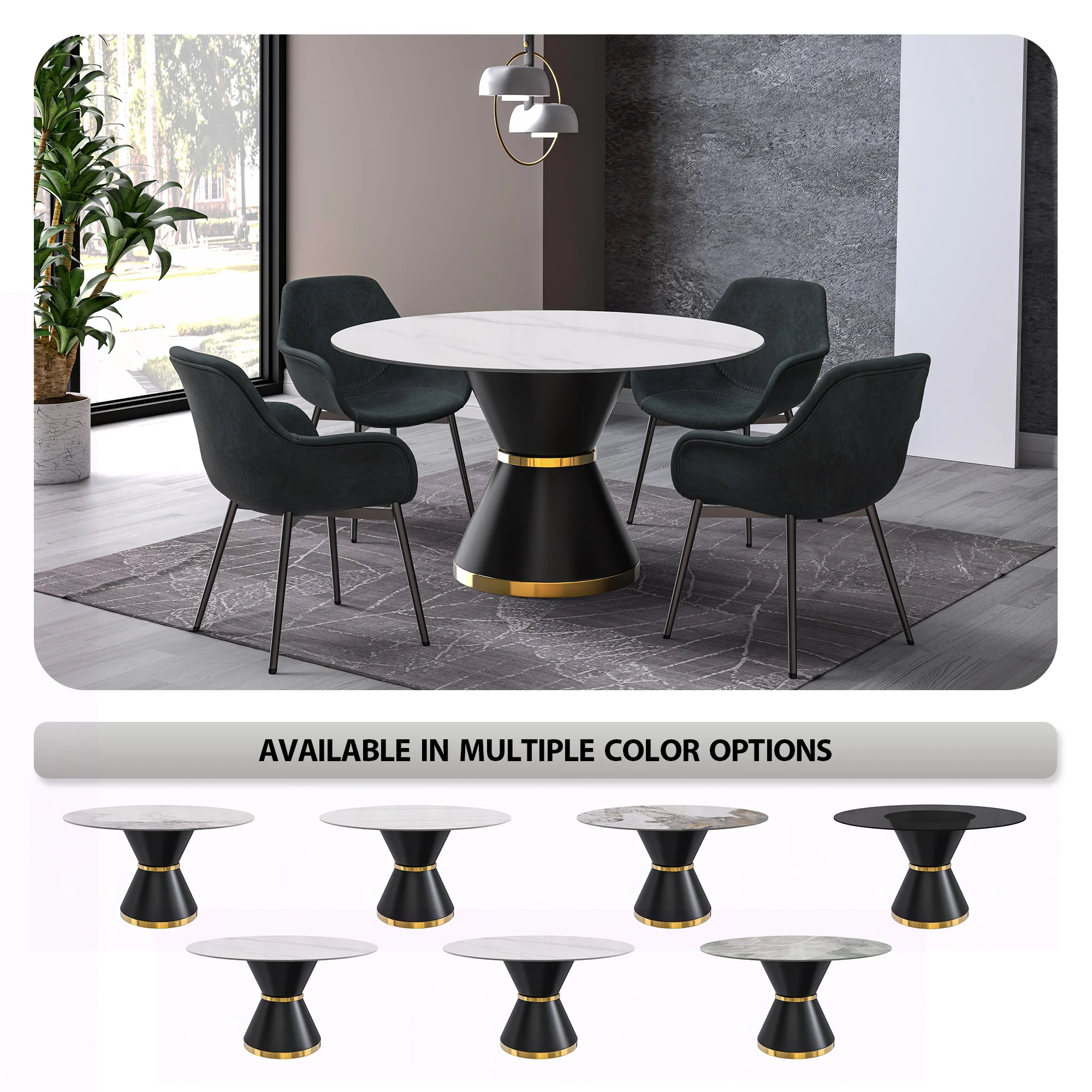 Qorvus Series Round Dining Table Black\Gold Base with 60 Round Solid White Sintered Stone Top