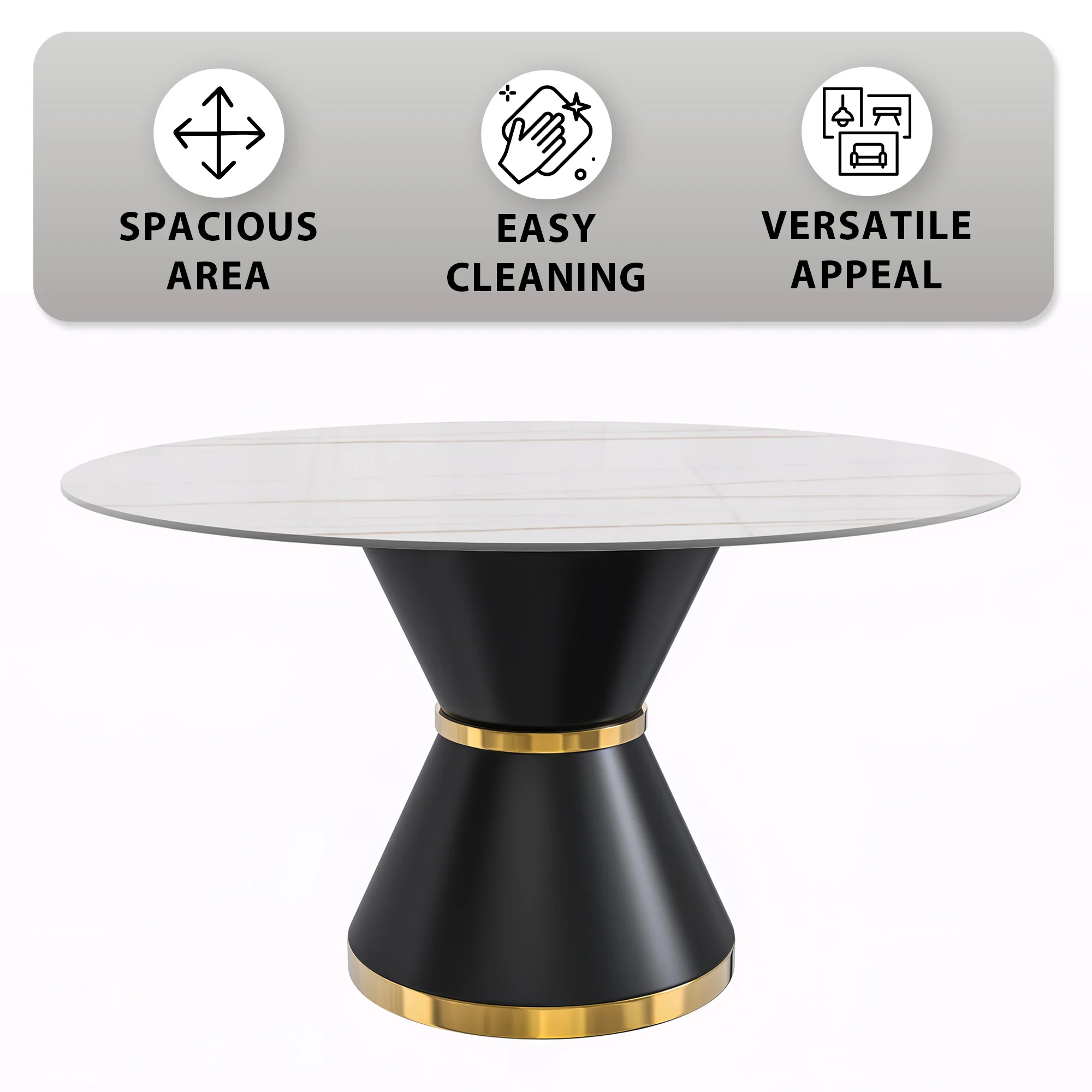 Qorvus Series Round Dining Table Black\Gold Base with 60 Round White/Gold Sintered Stone Top