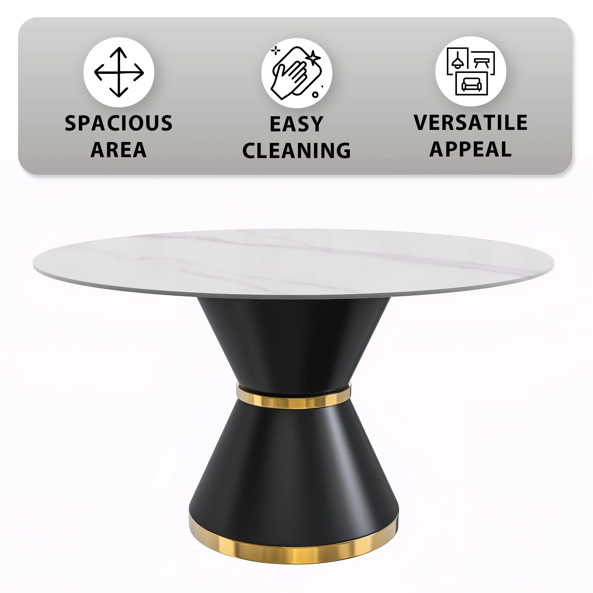 Qorvus Series Round Dining Table Black\Gold Base with 60 Round White Sintered Stone Top