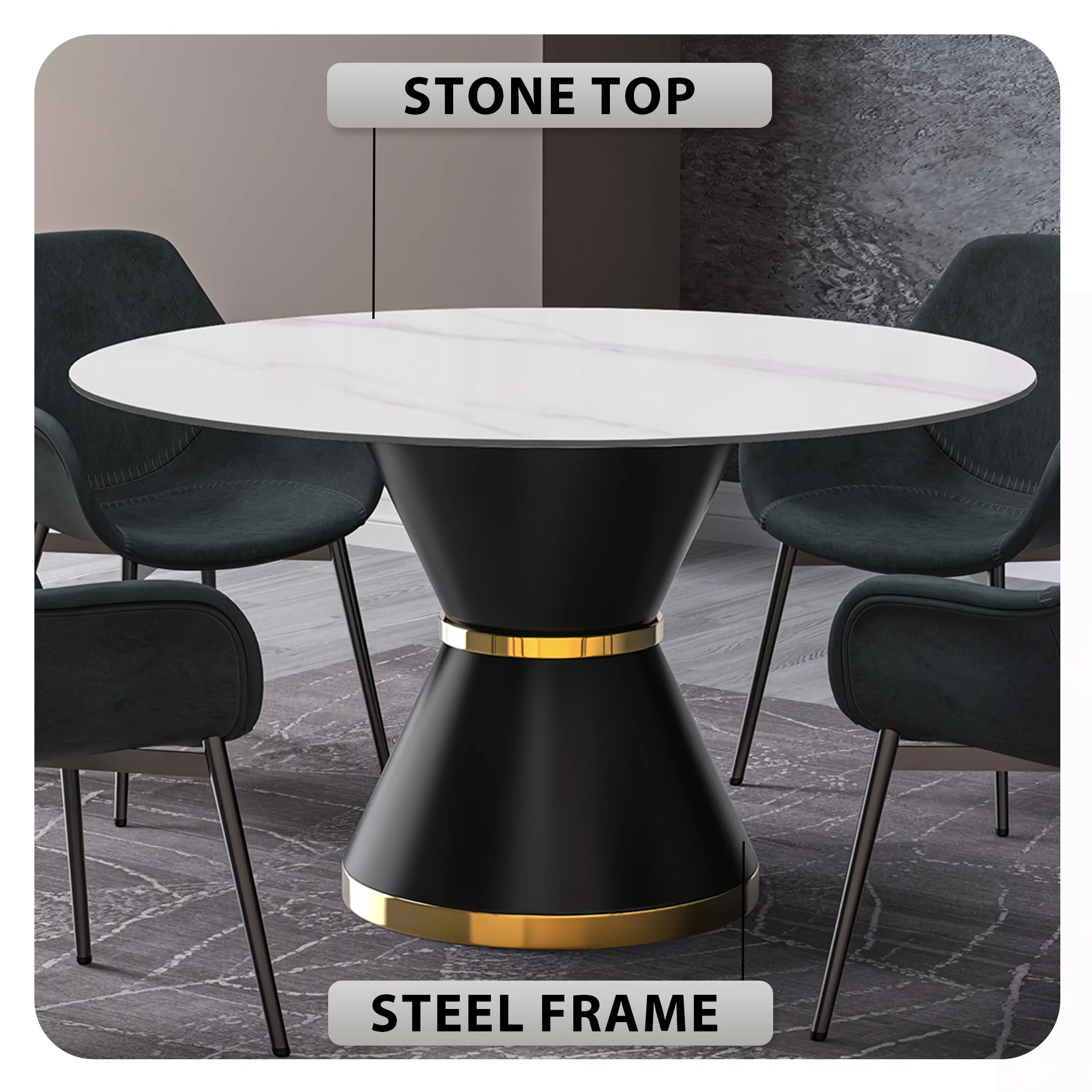 Qorvus Series Round Dining Table Black\Gold Base with 60 Round White Sintered Stone Top