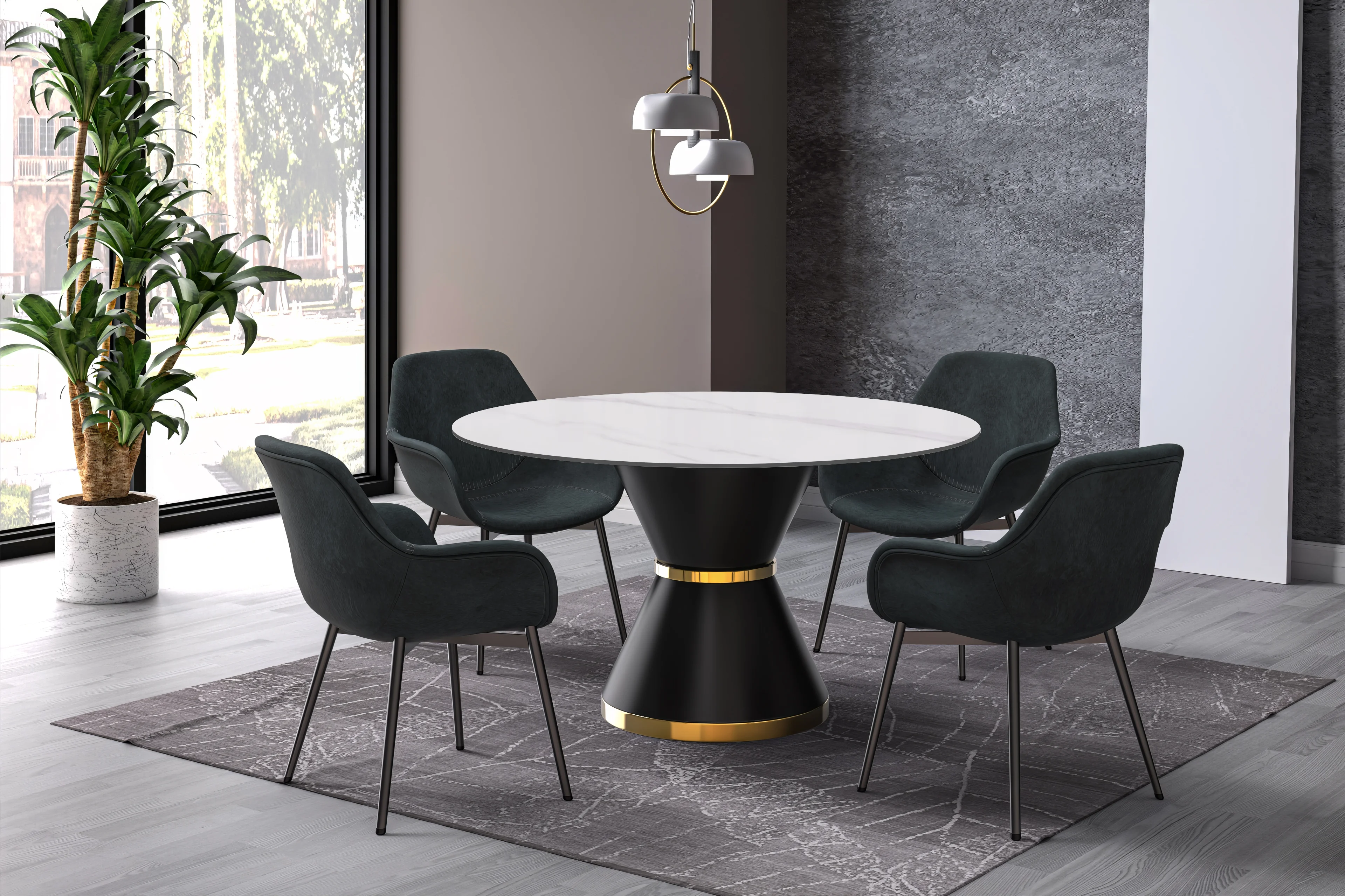 Qorvus Series Round Dining Table Black\Gold Base with 60 Round White Sintered Stone Top