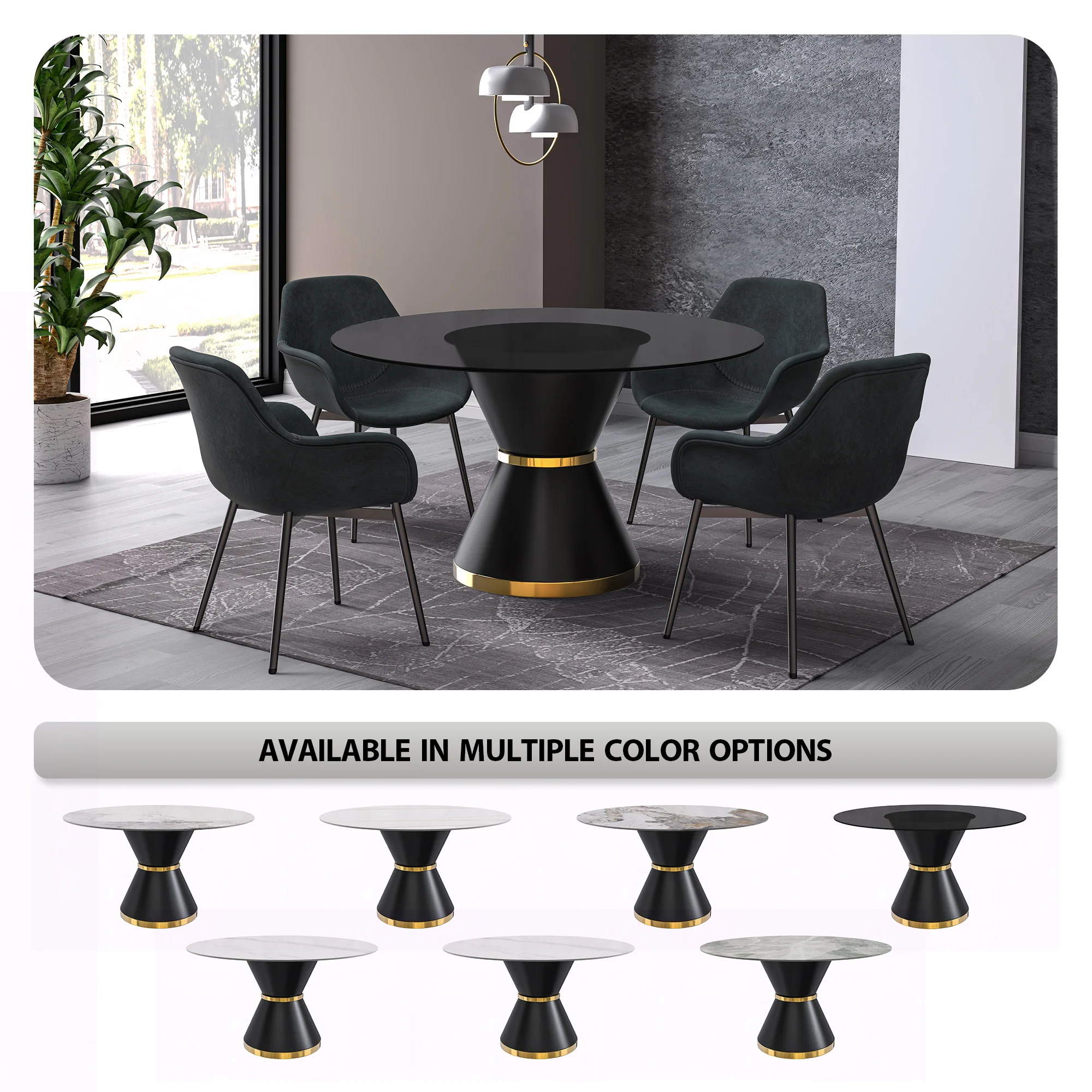 Qorvus Series Round Dining Table Black\Gold Base with 71 Round BLack Glass Top