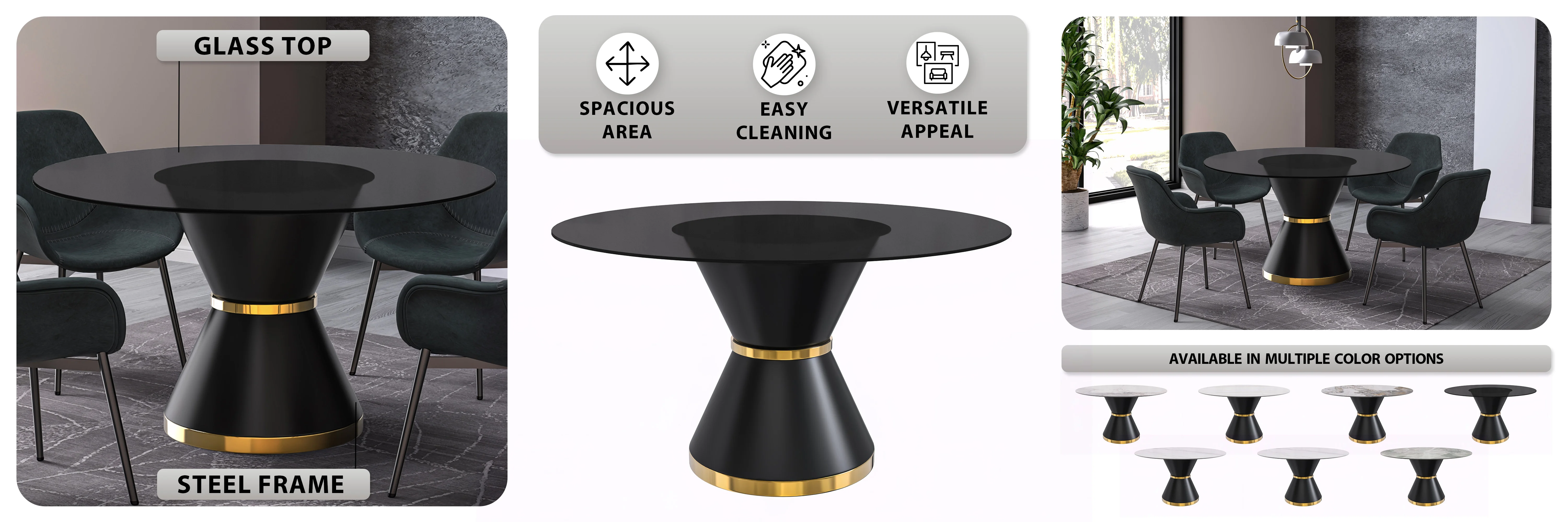 Qorvus Series Round Dining Table Black\Gold Base with 71 Round BLack Glass Top