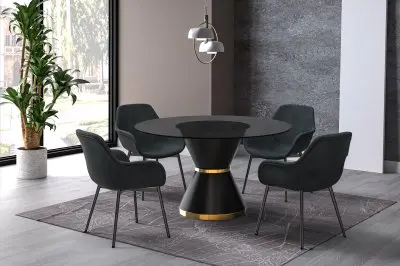 Qorvus Series Round Dining Table Black\Gold Base with 71 Round BLack Glass Top