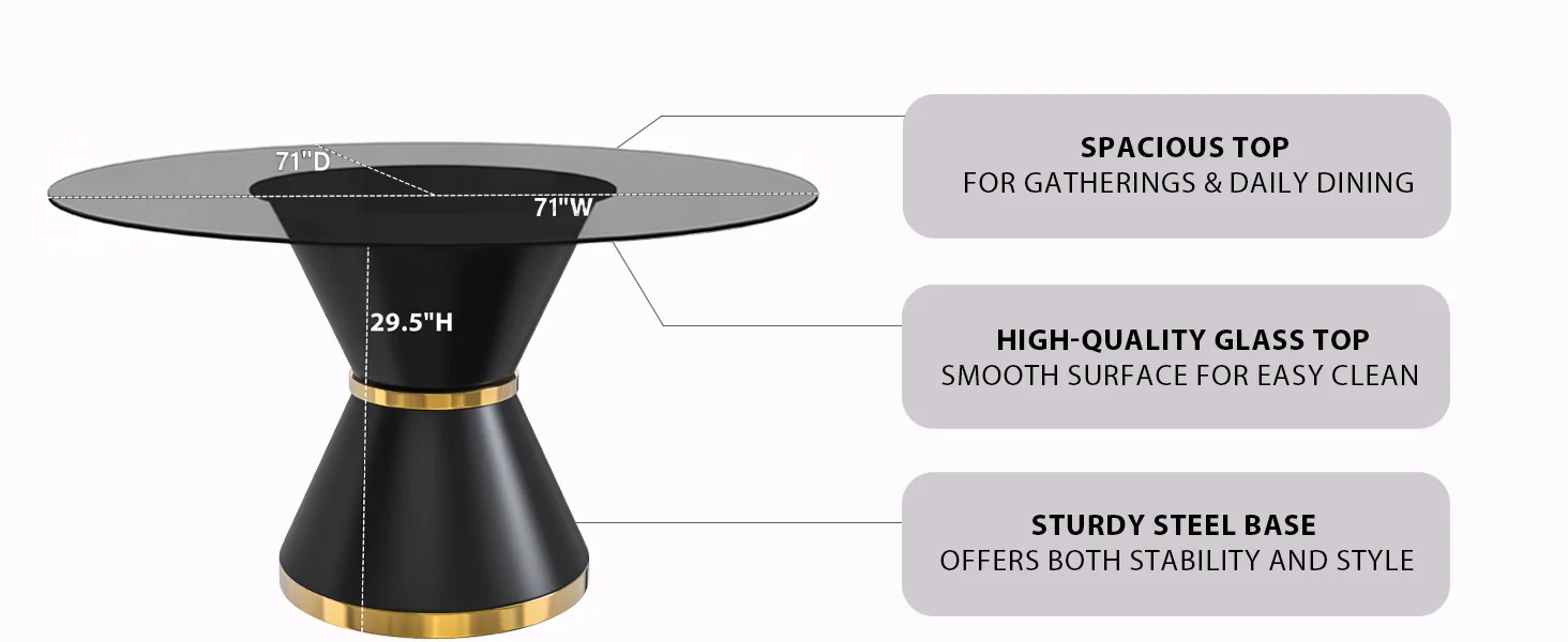 Qorvus Series Round Dining Table Black\Gold Base with 71 Round Clear Glass Top