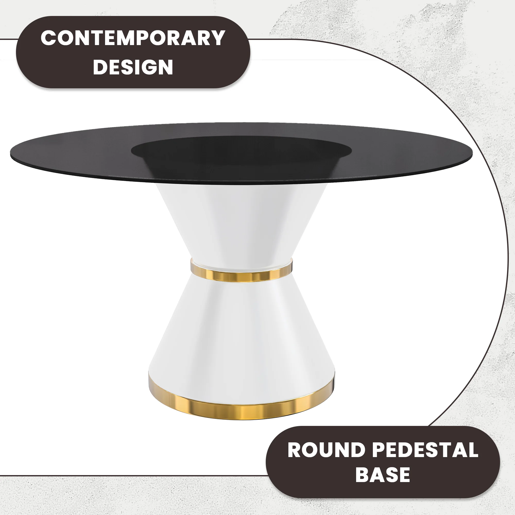 Qorvus Series Round Dining Table White\Gold Base with 60 Round BLack Glass Top