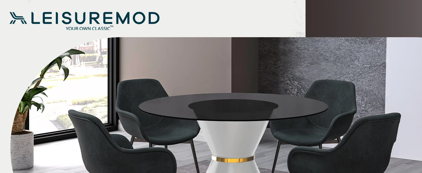 Qorvus Series Round Dining Table White\Gold Base with 60 Round BLack Glass Top