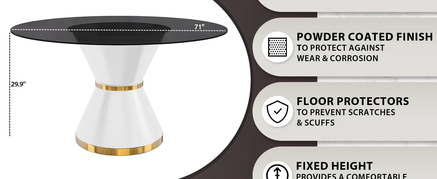 Qorvus Series Round Dining Table White\Gold Base with 60 Round BLack Glass Top