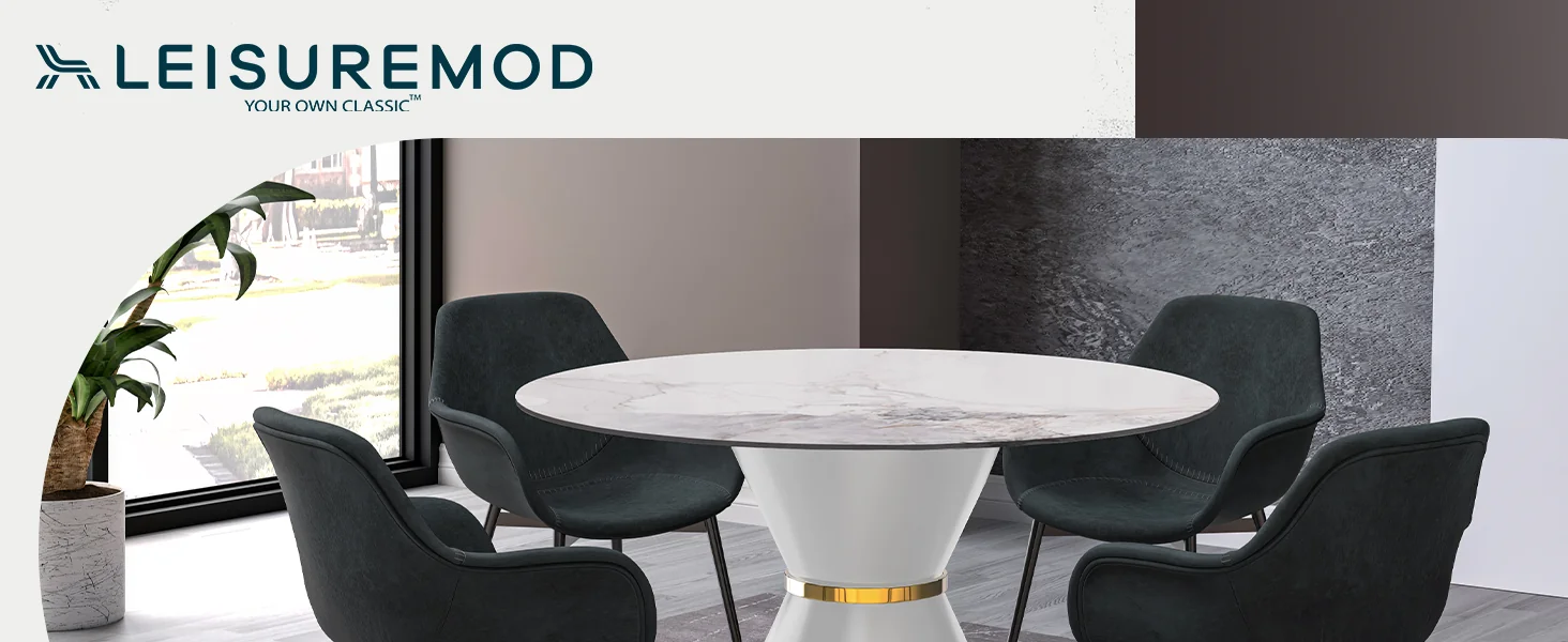 Qorvus Series Round Dining Table White\Gold Base with 60 Round White Grey Sintered Stone Top