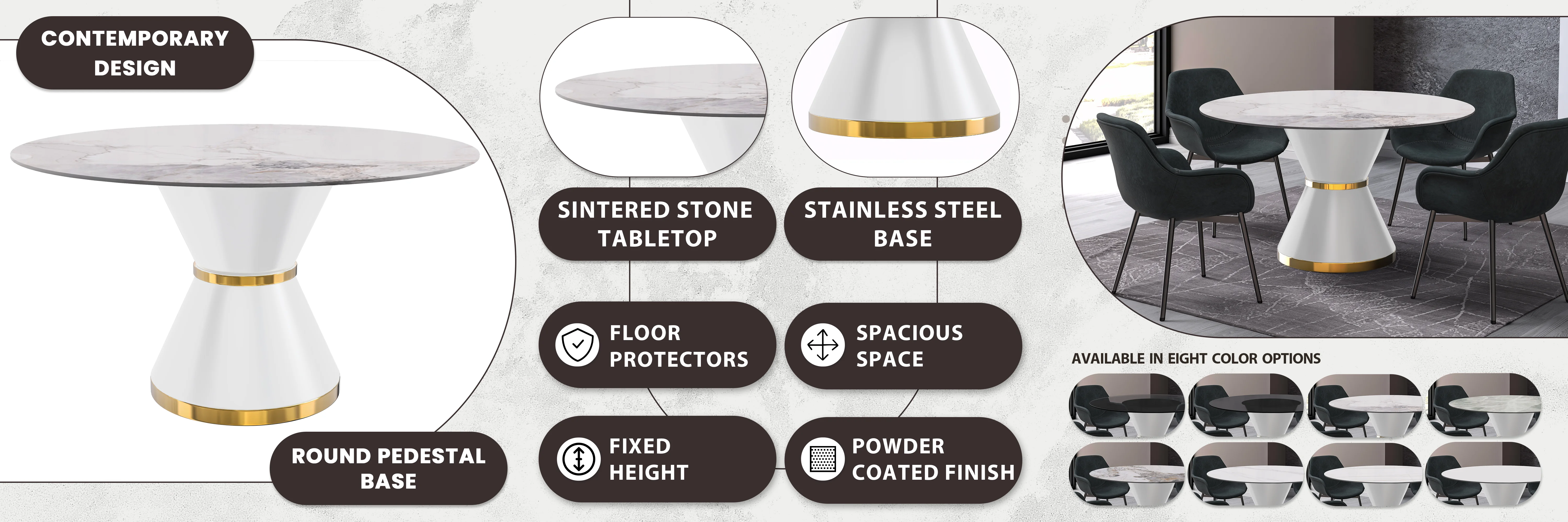 Qorvus Series Round Dining Table White\Gold Base with 60 Round White Grey Sintered Stone Top