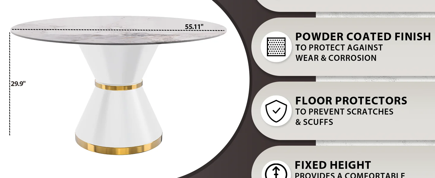 Qorvus Series Round Dining Table White\Gold Base with 60 Round White Grey Sintered Stone Top