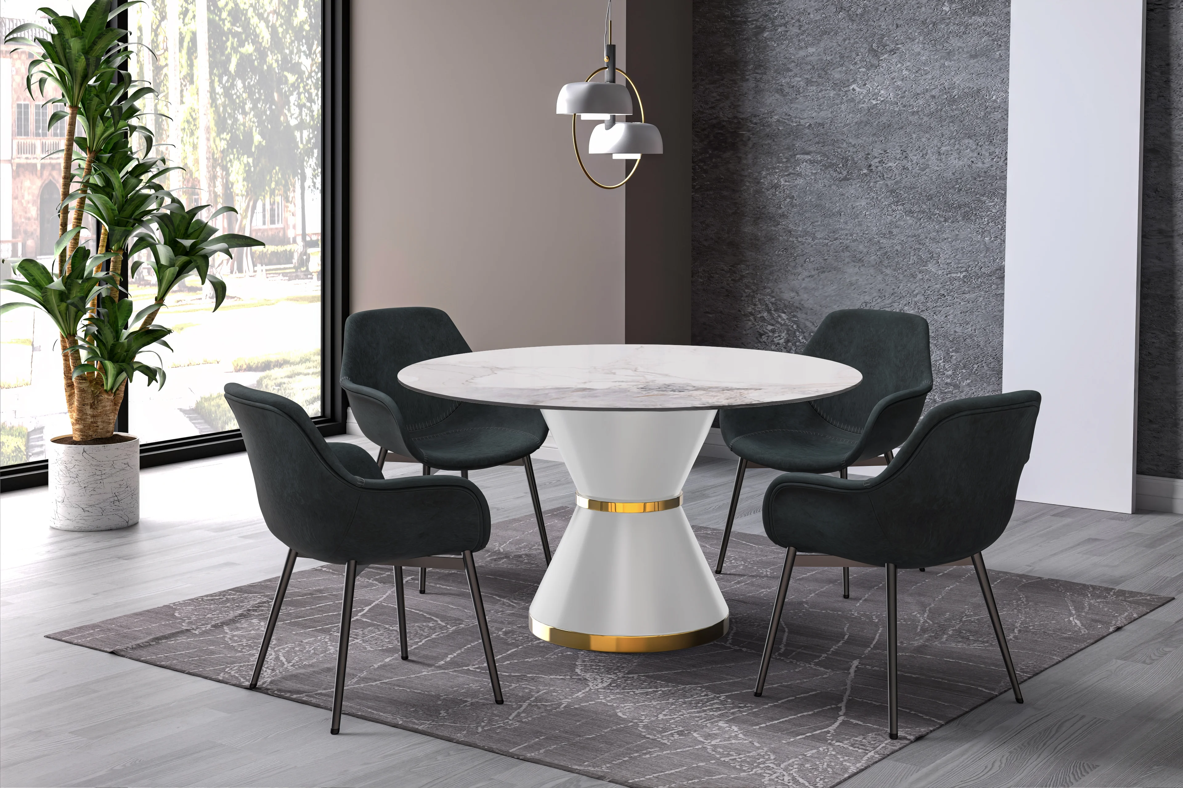 Qorvus Series Round Dining Table White\Gold Base with 60 Round White Grey Sintered Stone Top