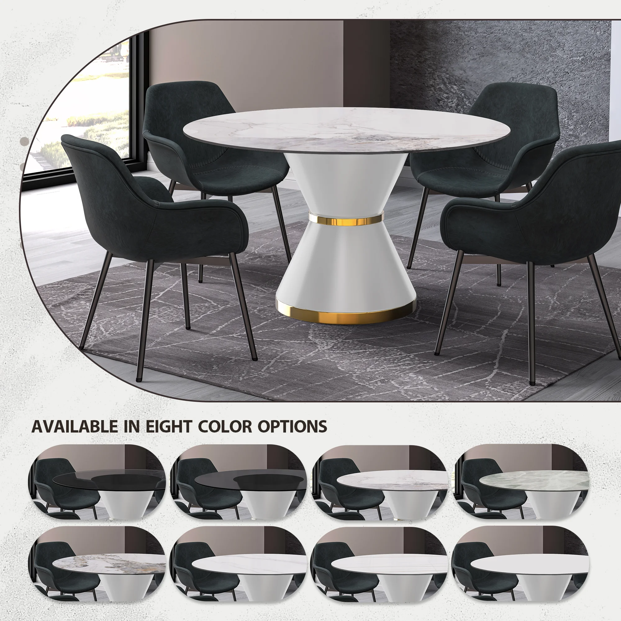 Qorvus Series Round Dining Table White\Gold Base with 60 Round White Grey Sintered Stone Top