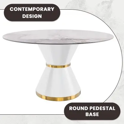 Qorvus Series Round Dining Table White\Gold Base with 60 Round White Grey Sintered Stone Top