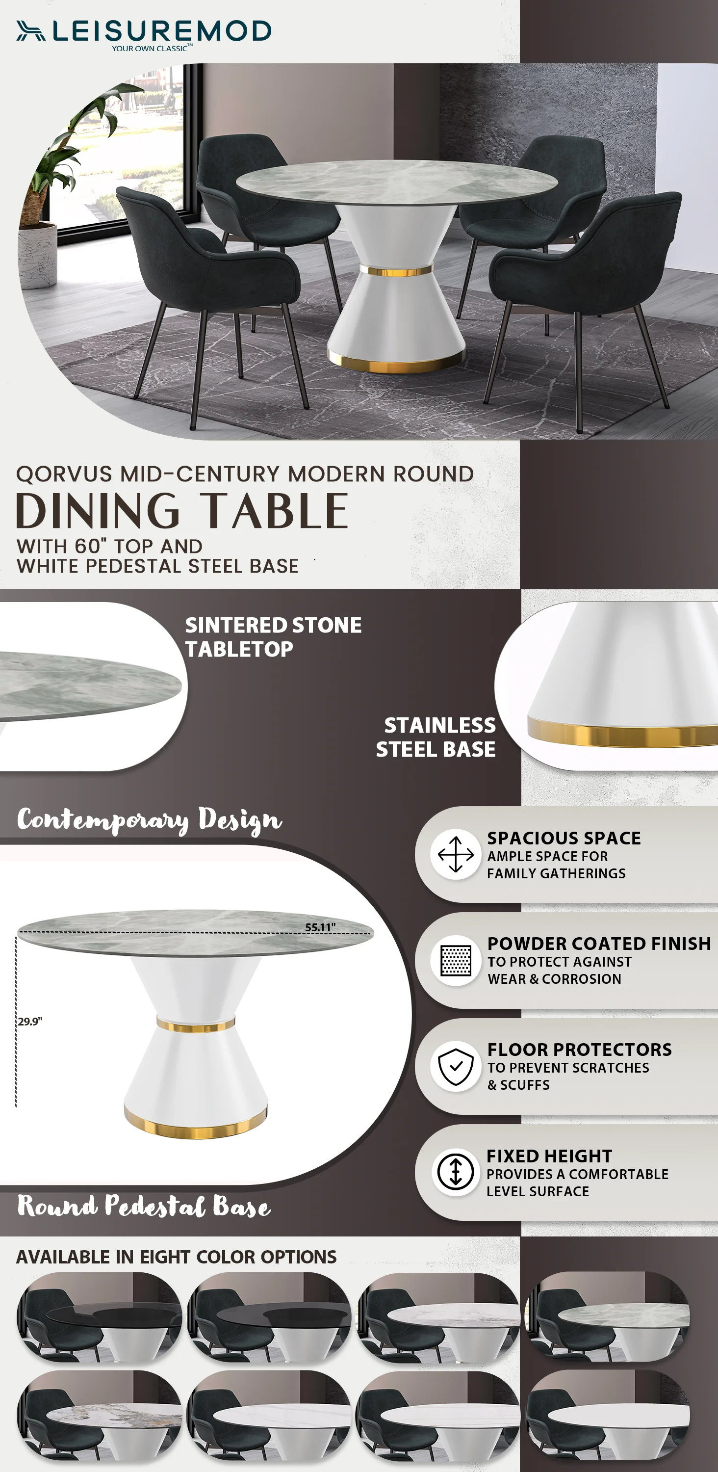 Qorvus Series Round Dining Table White\Gold Base with 60 Round Light Grey Sintered Stone Top