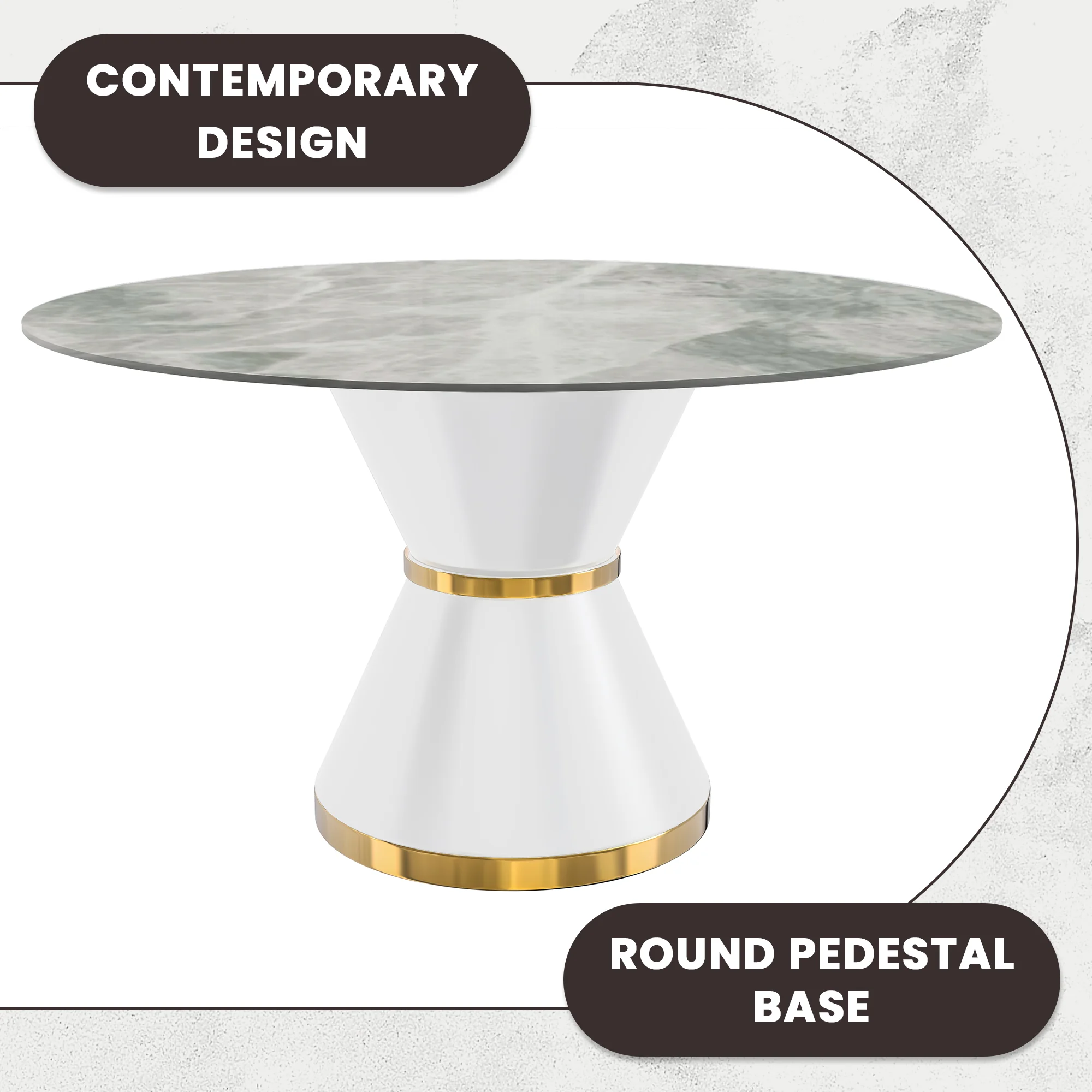 Qorvus Series Round Dining Table White\Gold Base with 60 Round Light Grey Sintered Stone Top