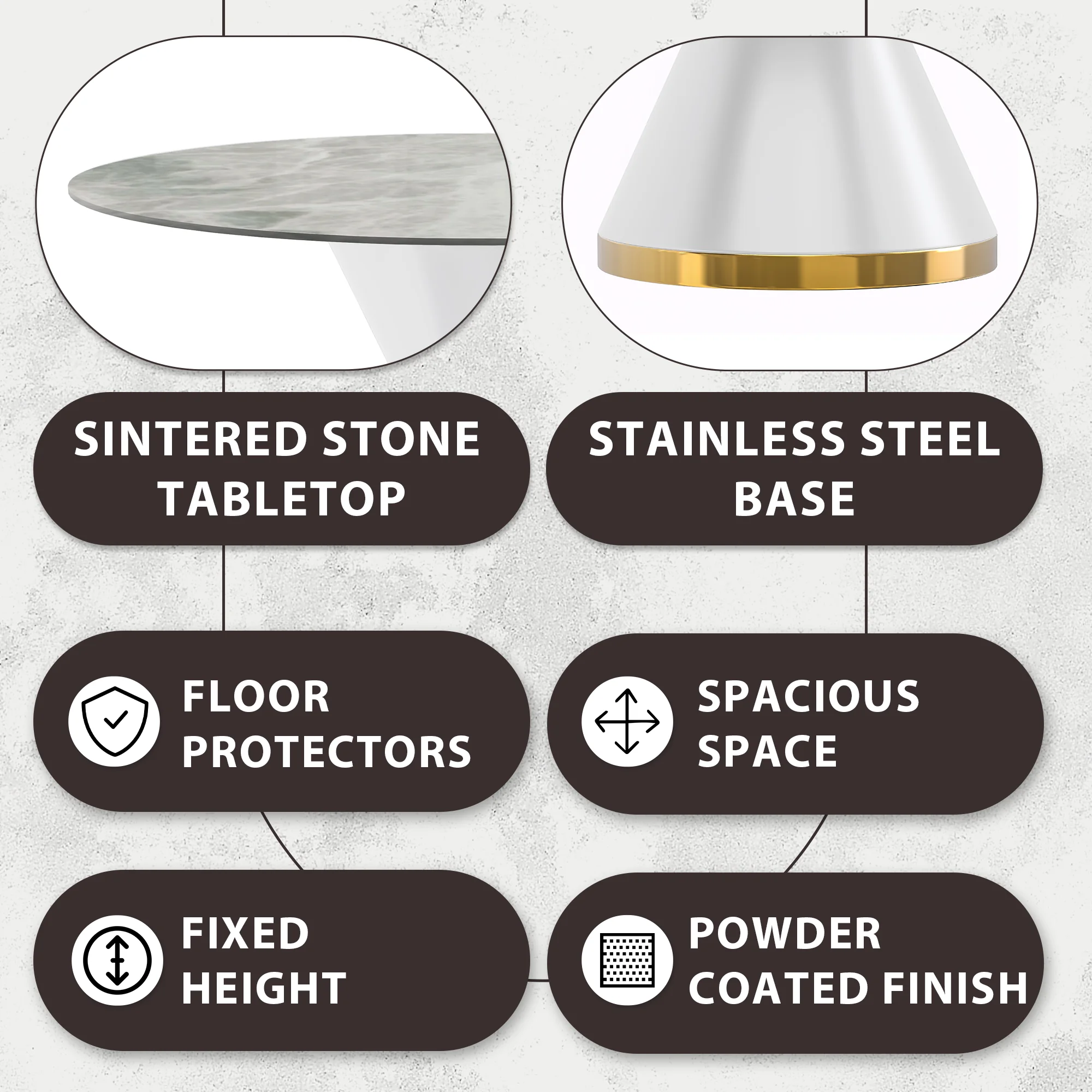 Qorvus Series Round Dining Table White\Gold Base with 60 Round Light Grey Sintered Stone Top