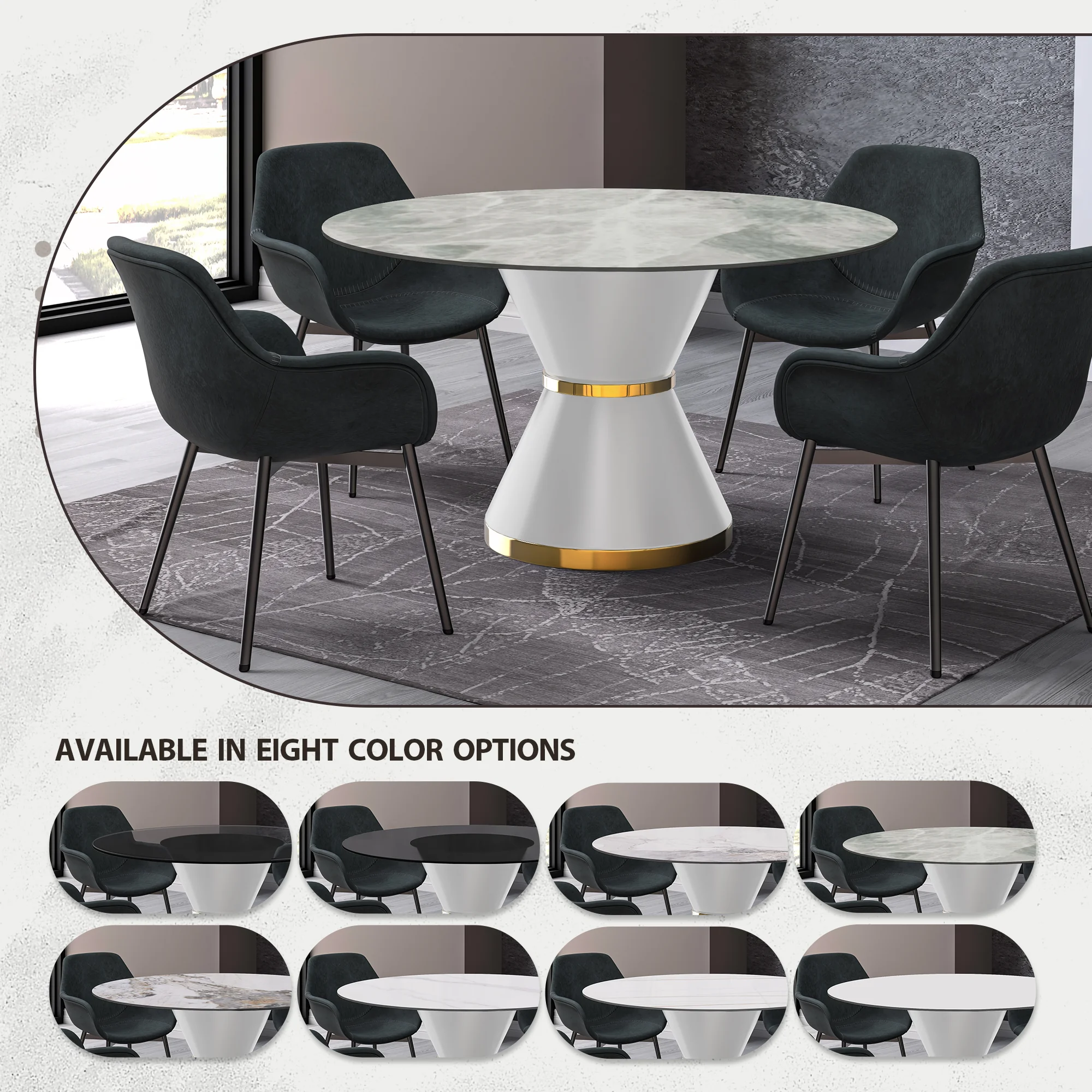 Qorvus Series Round Dining Table White\Gold Base with 60 Round Light Grey Sintered Stone Top