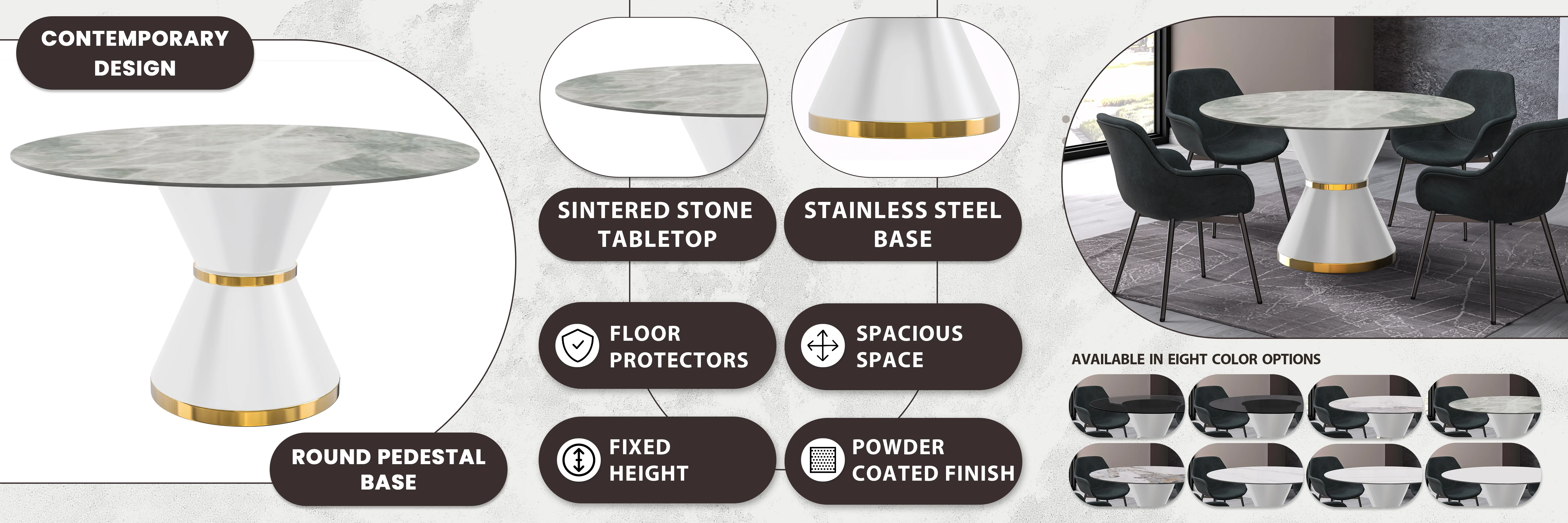 Qorvus Series Round Dining Table White\Gold Base with 60 Round Light Grey Sintered Stone Top