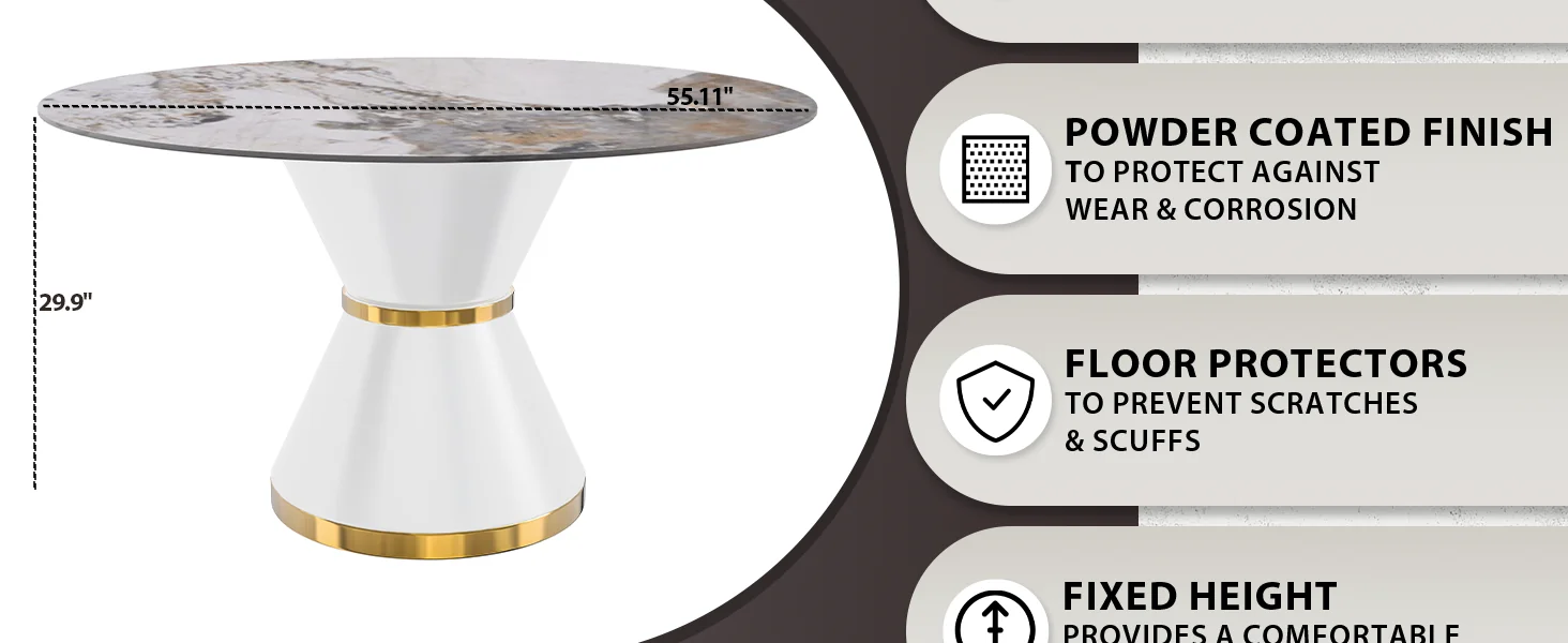 Qorvus Series Round Dining Table White\Gold Base with 60 Round Medium Grey Sintered Stone Top