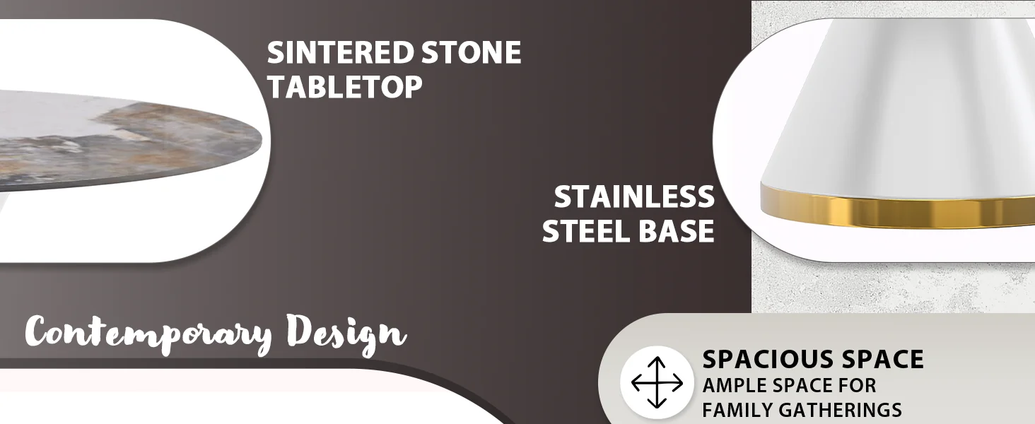 Qorvus Series Round Dining Table White\Gold Base with 60 Round Medium Grey Sintered Stone Top