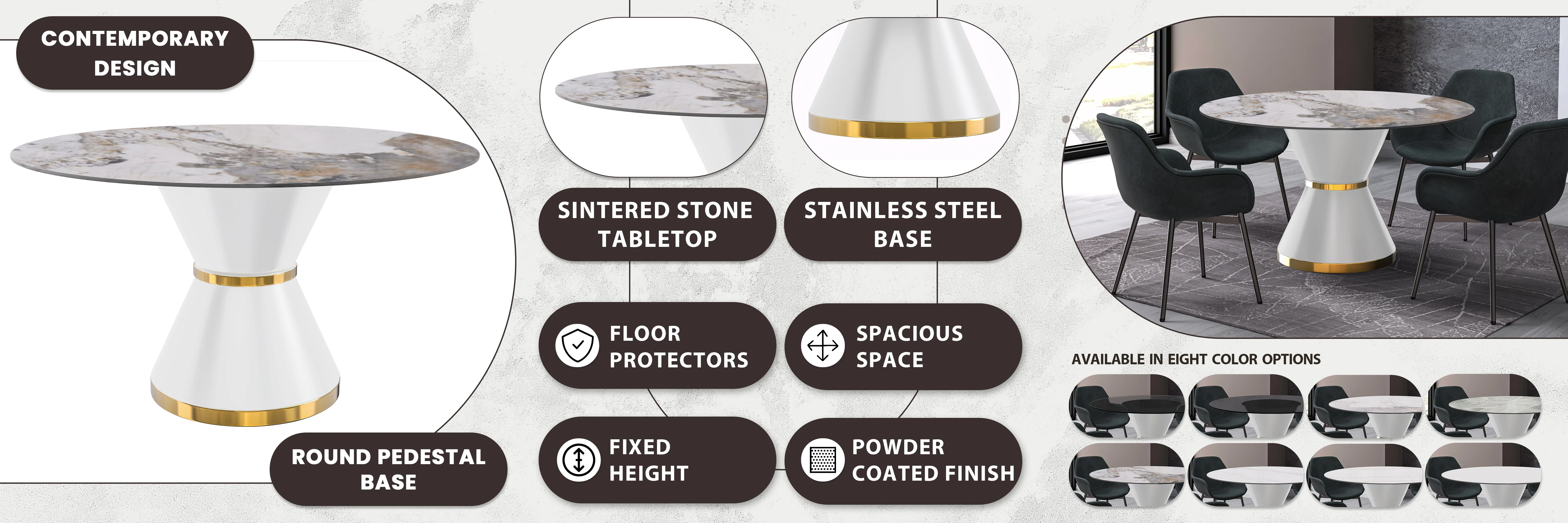 Qorvus Series Round Dining Table White\Gold Base with 60 Round Medium Grey Sintered Stone Top