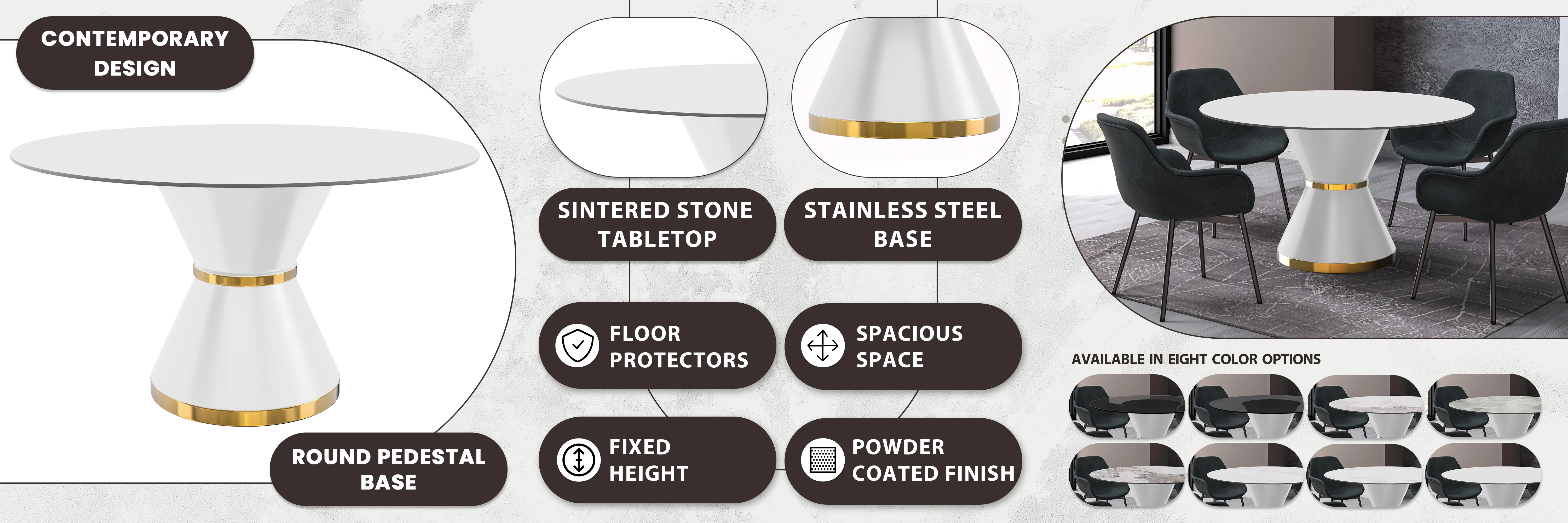 Qorvus Series Round Dining Table White\Gold Base with 60 Round Solid White Sintered Stone Top